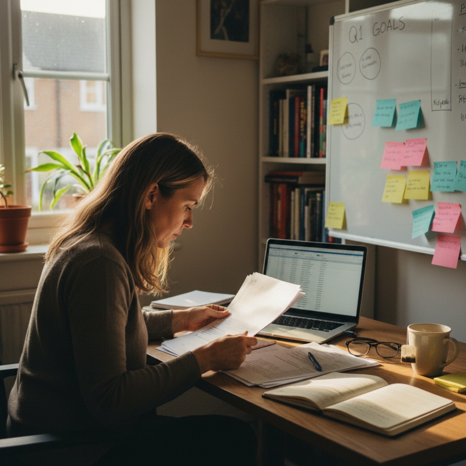 A person reviewing printed documents at a desk with a laptop open nearby