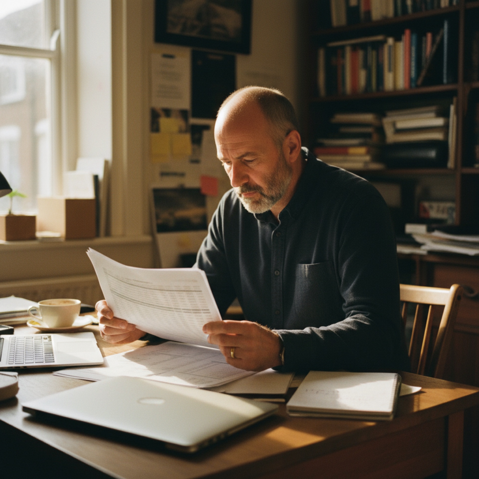 A business owner at a desk studying a printed spreadsheet showing pricing figures