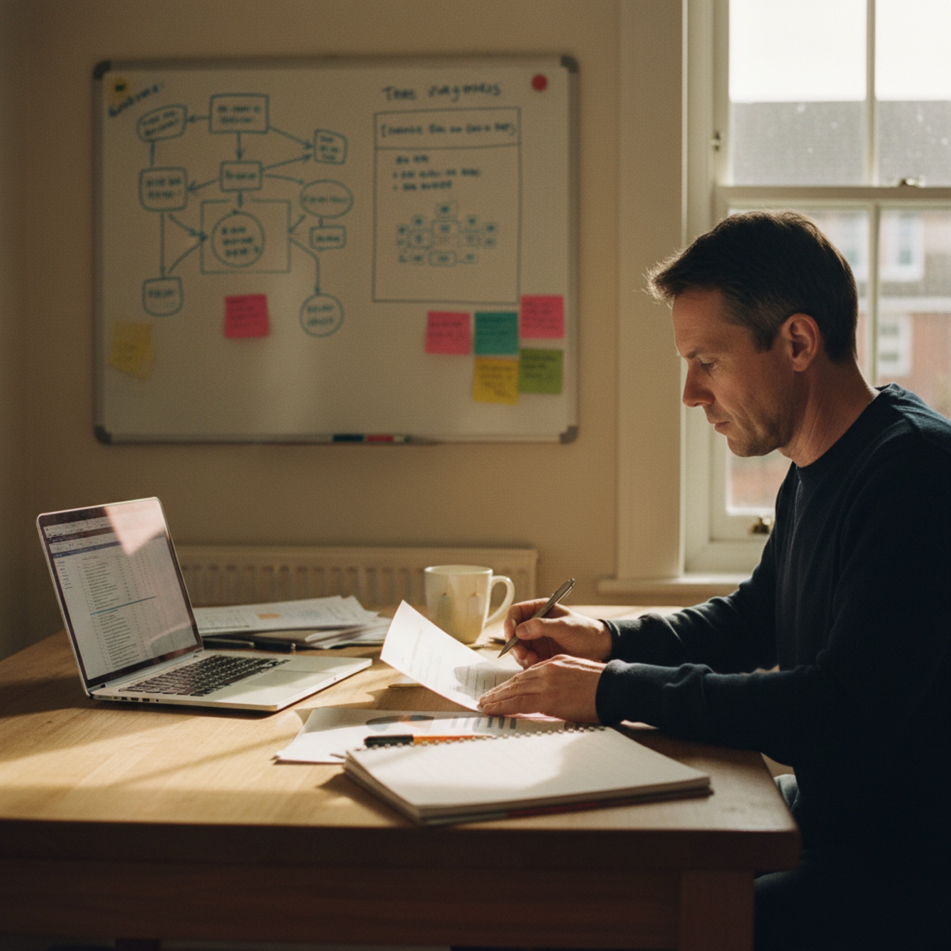 A person reviewing a printed document at a desk with a pen and a laptop open beside them