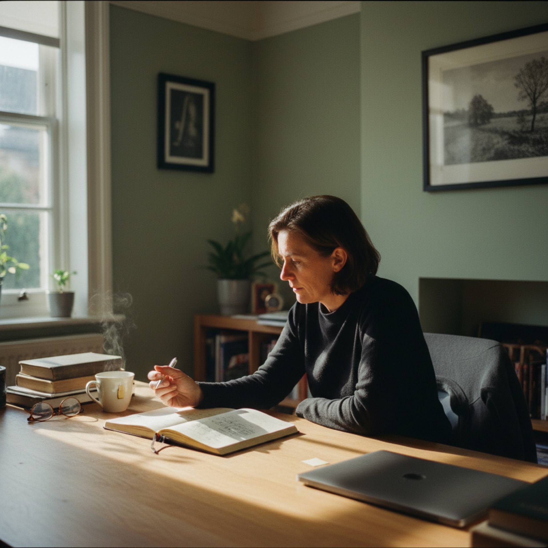 A person sitting at a desk with a laptop and open notebook, writing notes in natural light