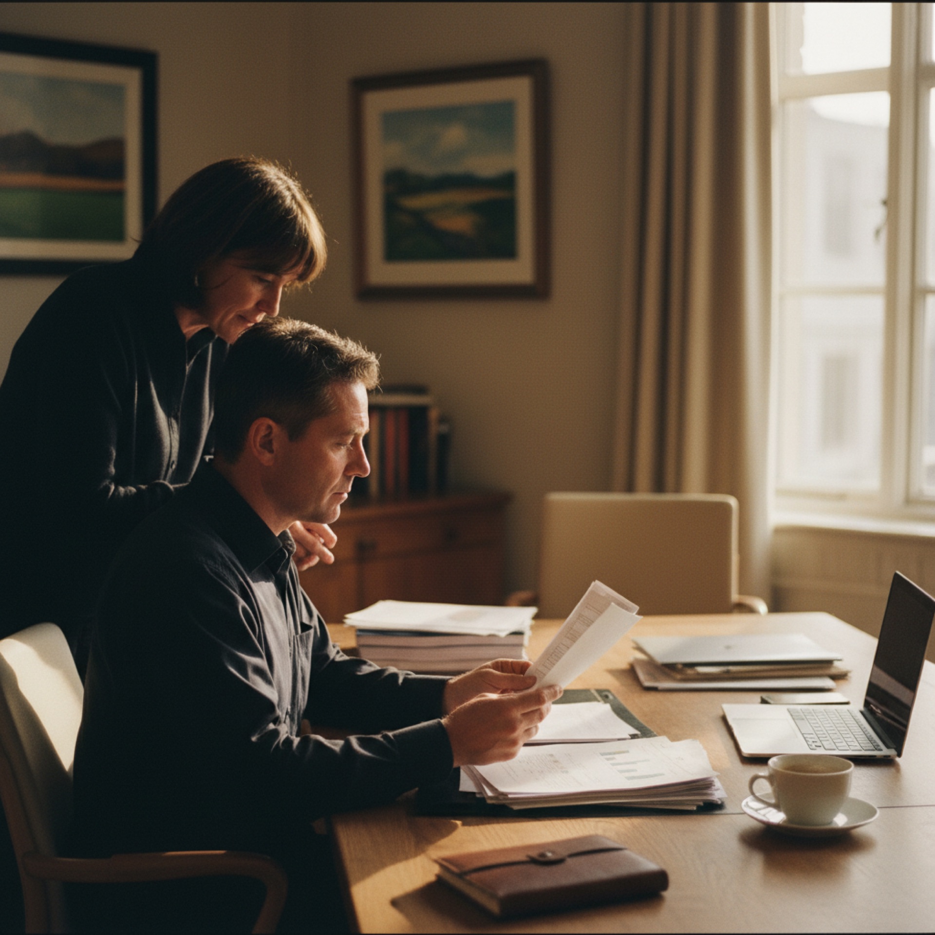 Two people at an office desk reviewing financial documents together, natural light from a window beside them