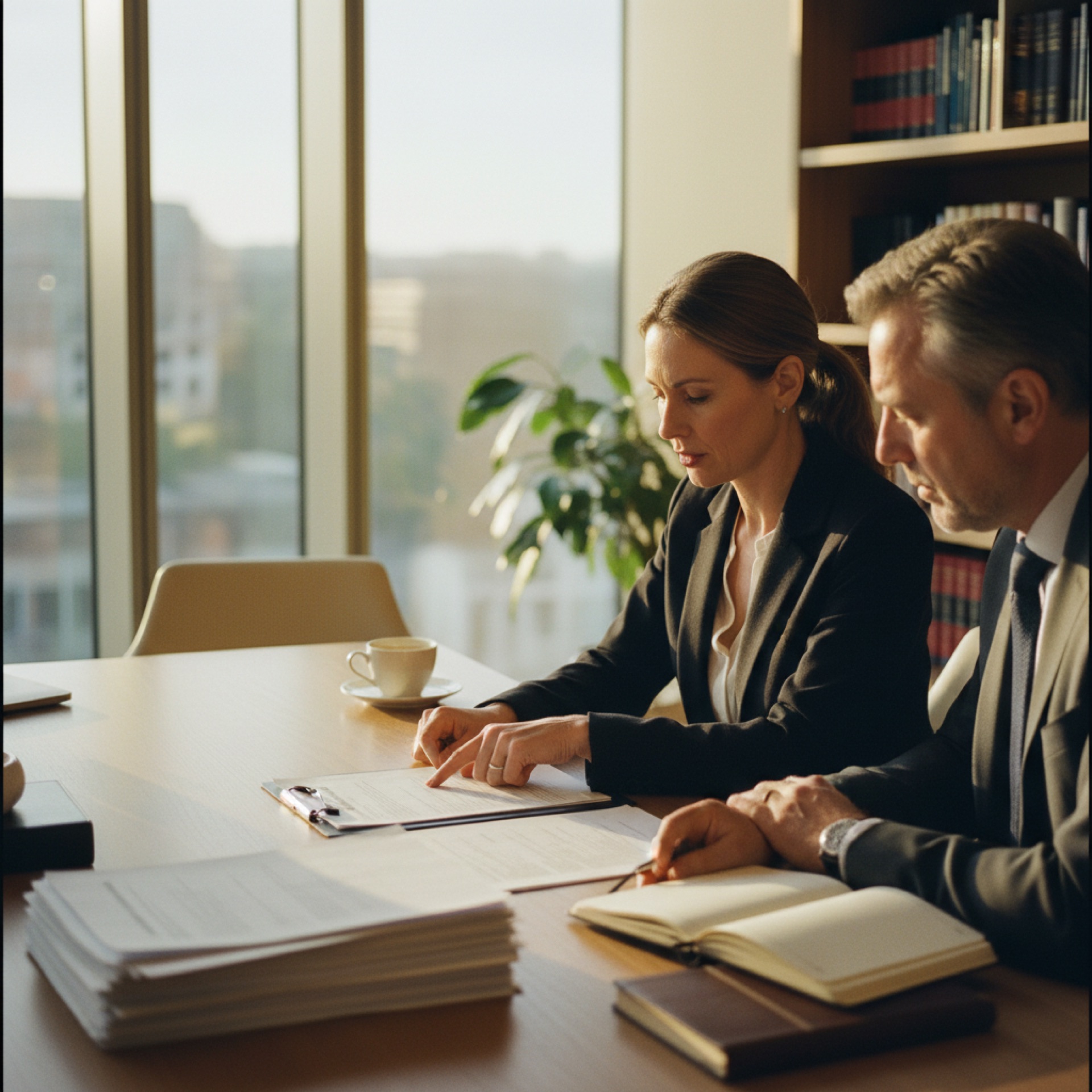 Two solicitors reviewing printed documents at a desk in a sunlit office, one pointing at a clause on the page