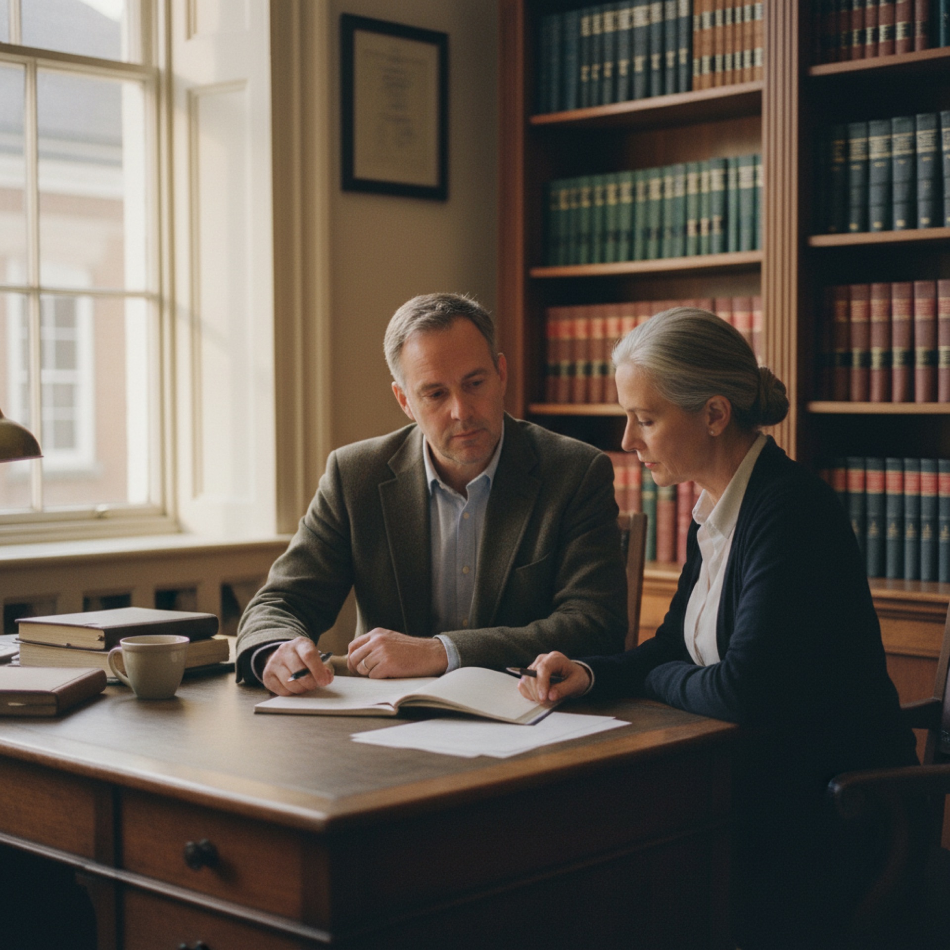 A solicitor and client in conversation across a desk with a document visible between them