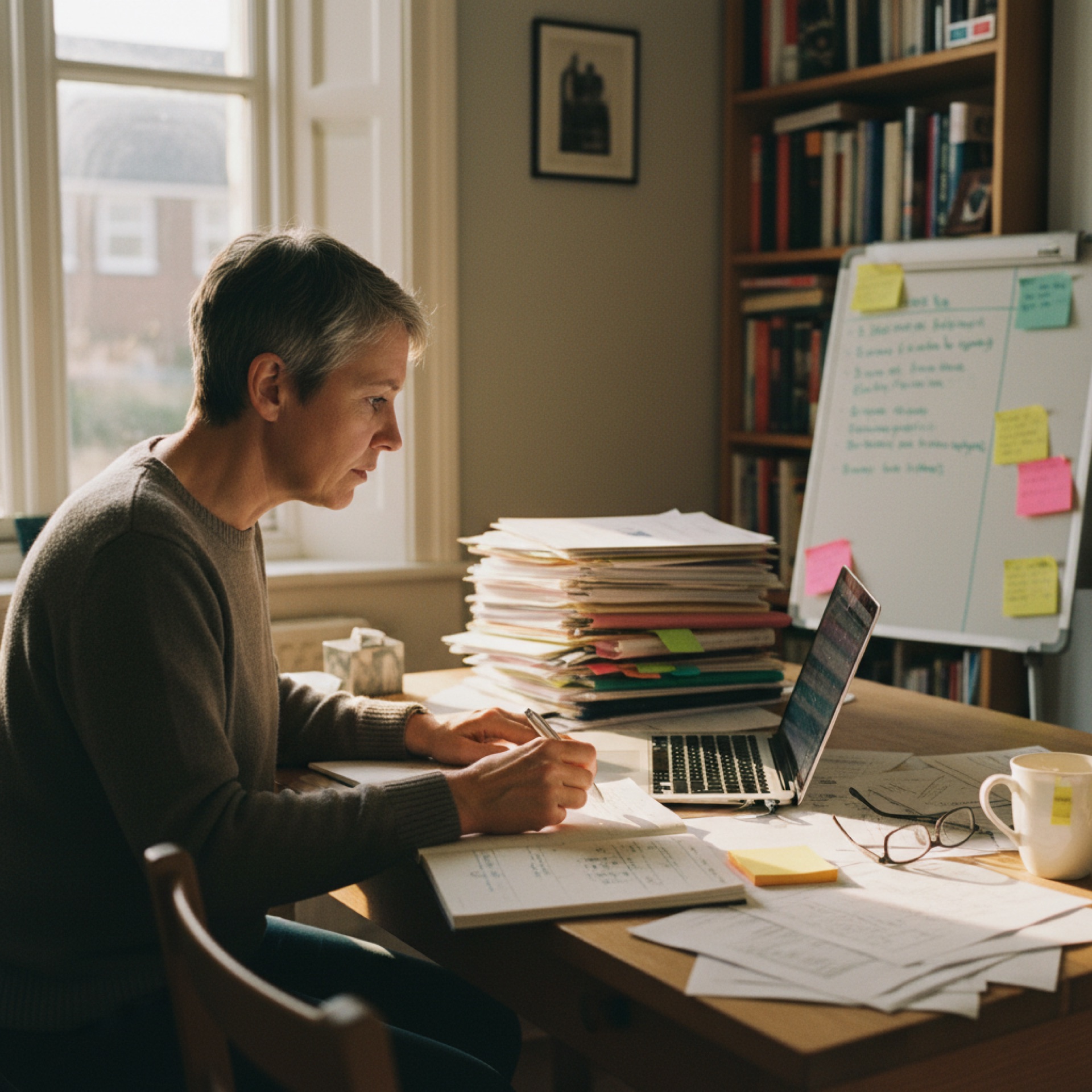 Person at a desk reviewing documents on a laptop with a stack of printed files nearby