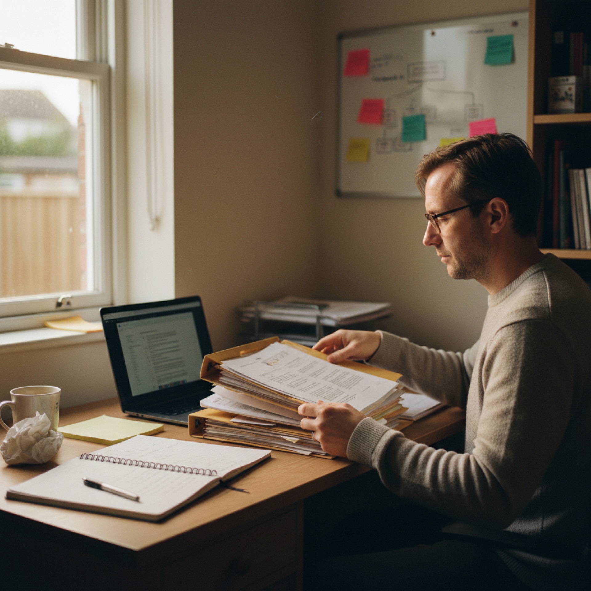 Person reviewing documents and folders on a laptop at a tidy desk with natural light