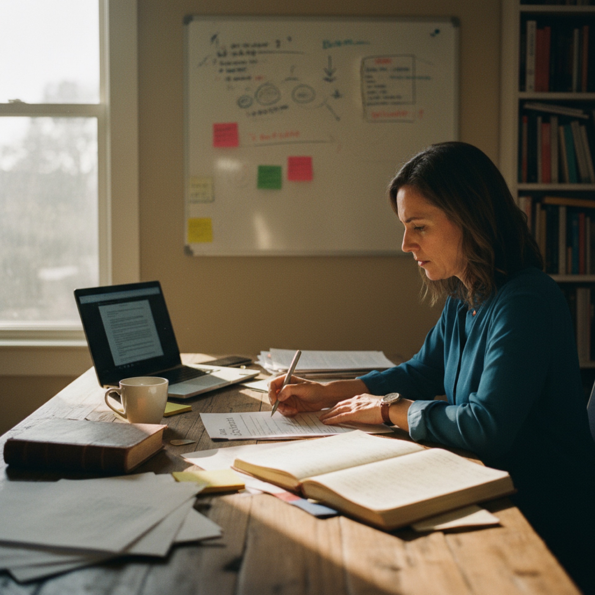 Person at a desk reviewing a printed document with a pen, looking thoughtful