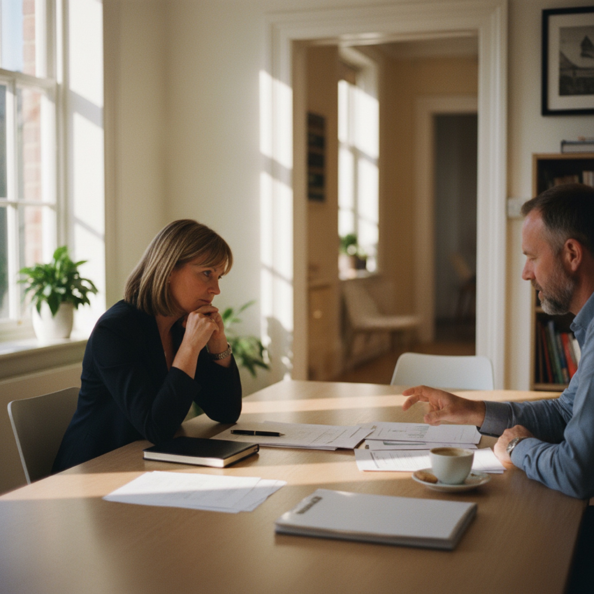 Two people in a relaxed meeting room conversation, papers on the table between them