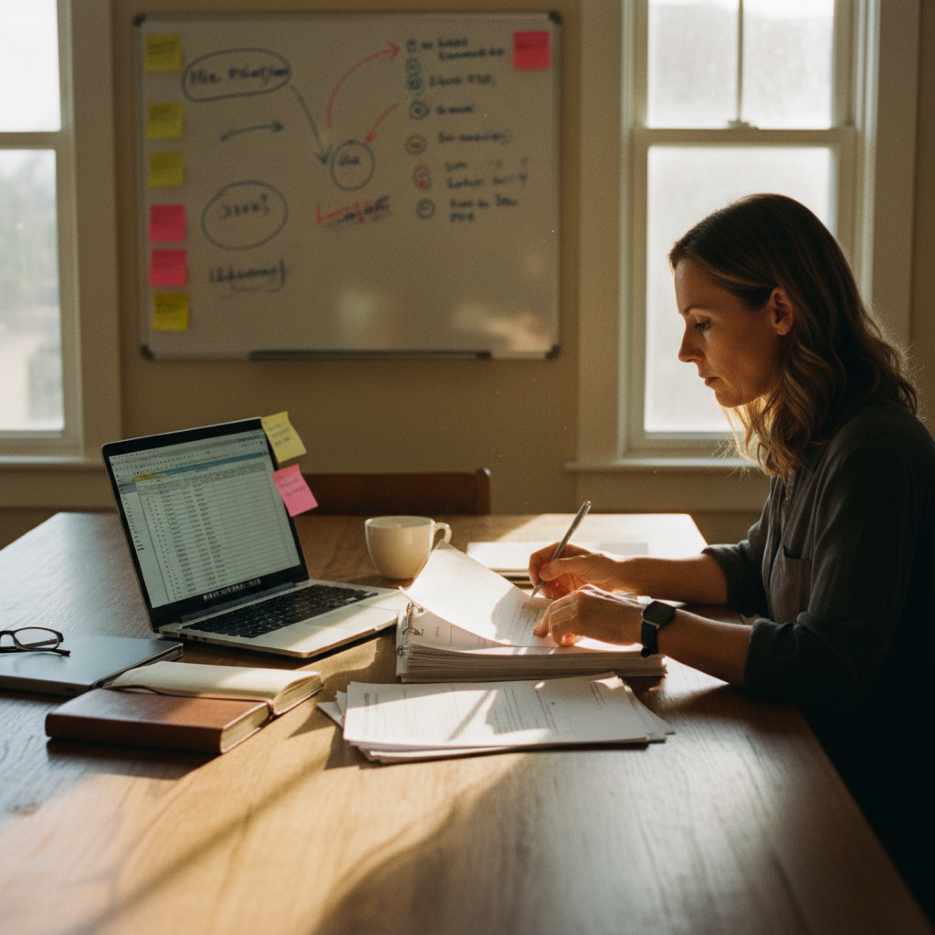 Person at a desk reviewing printed documents alongside an open laptop, pen in hand