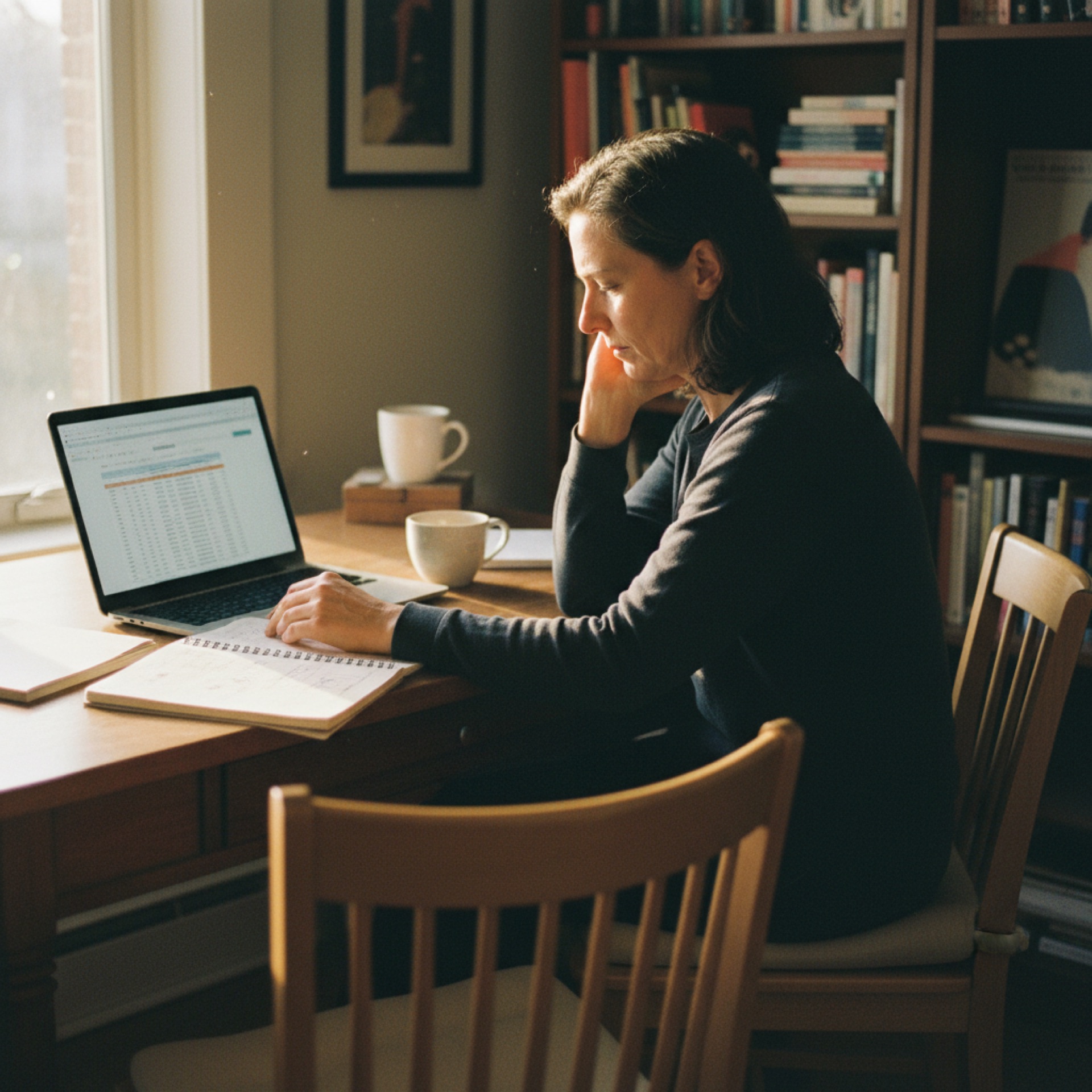 Founder at a desk reviewing a spreadsheet beside an open notebook