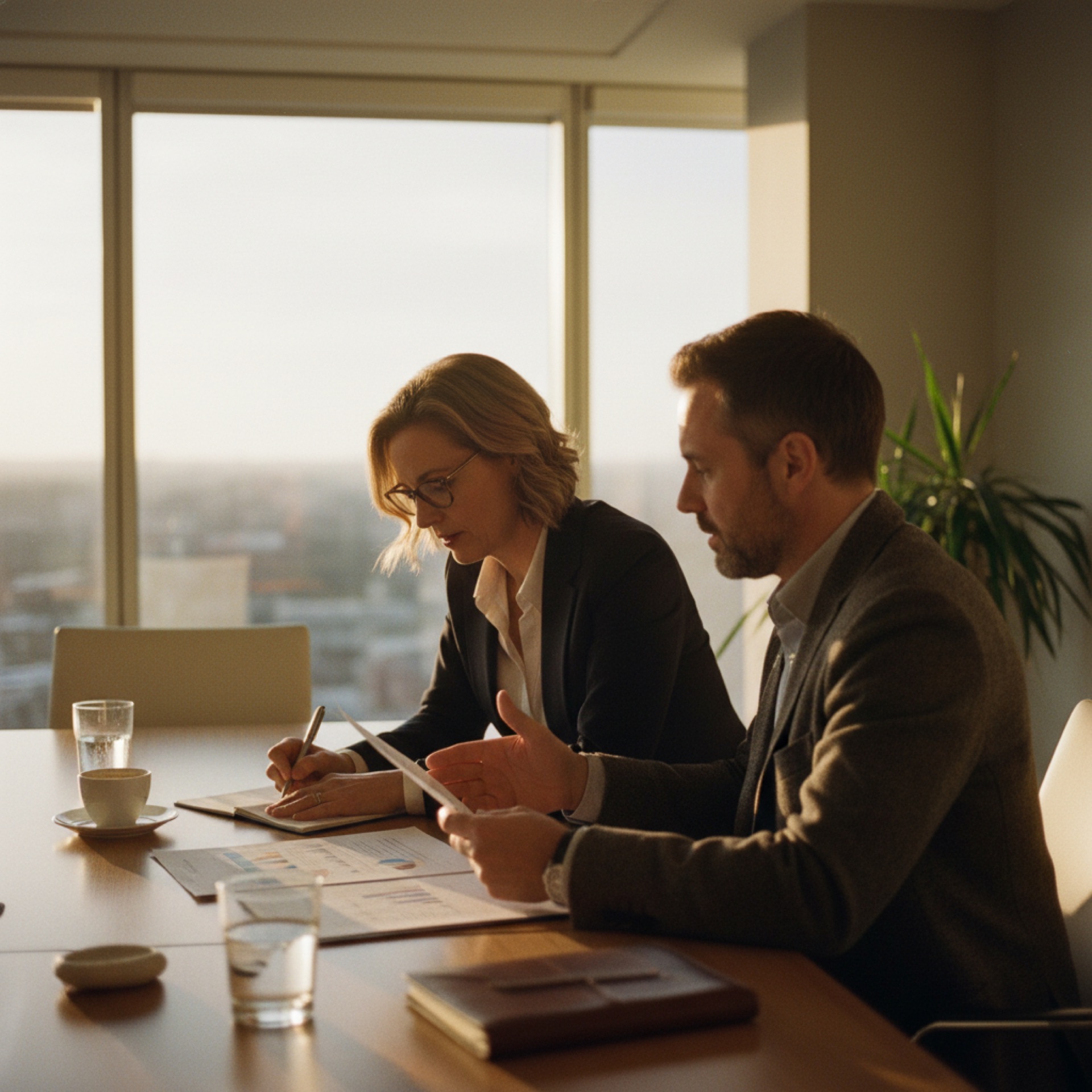 Two professionals reviewing financial documents at an office meeting table