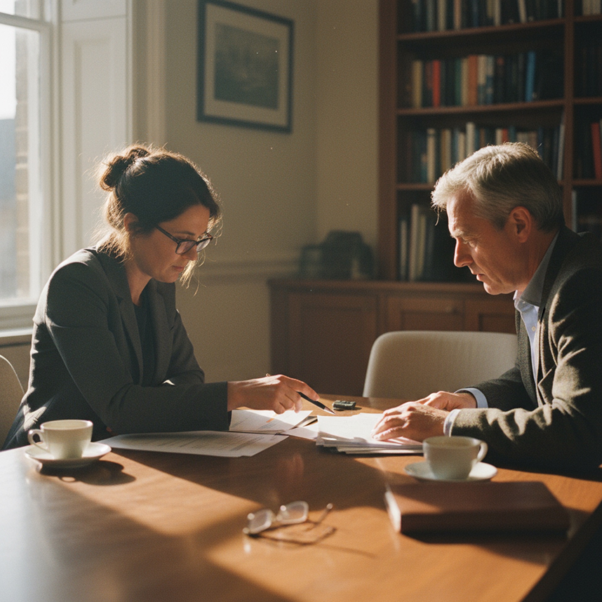 Two people in discussion across a meeting table, reviewing financial documents