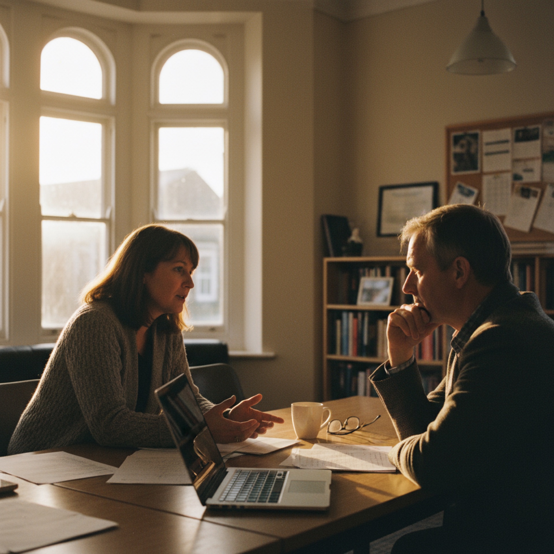 Two professionals in conversation across a meeting table, one leaning forward as if working through a decision together