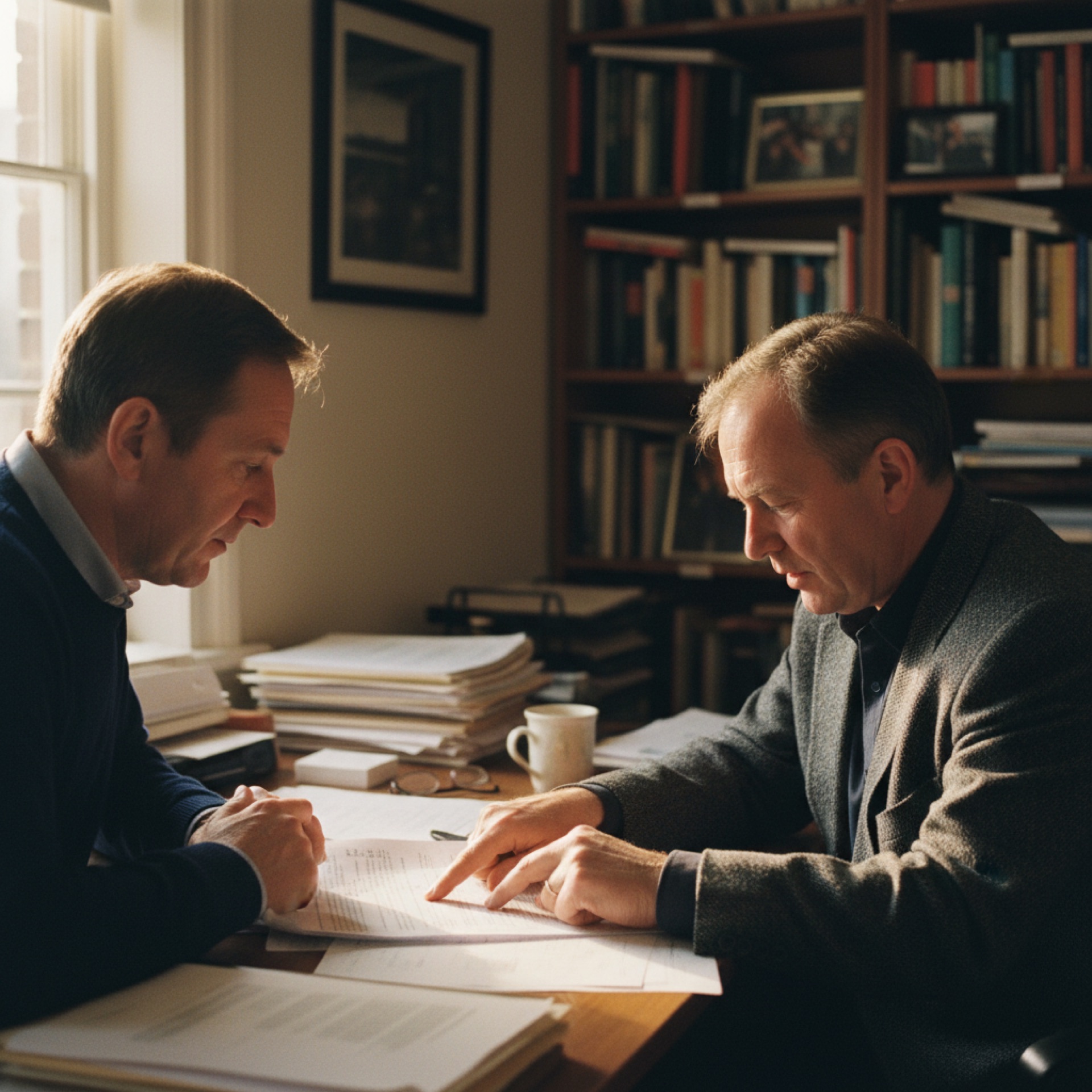 Two people sitting across a desk reviewing a printed document together in a small office