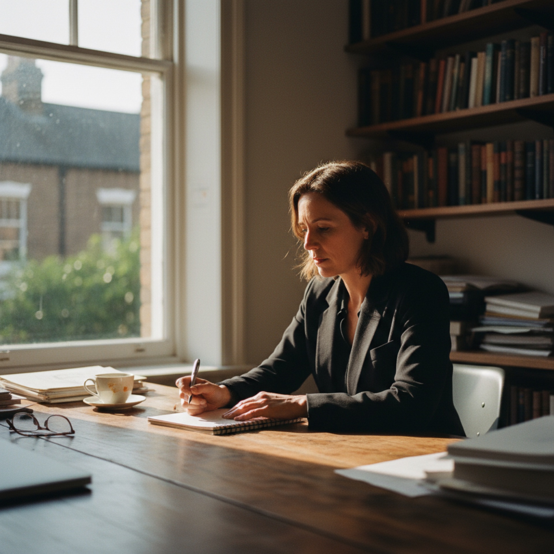 a person sitting at a wooden desk looking thoughtfully at a notepad in a naturally lit room