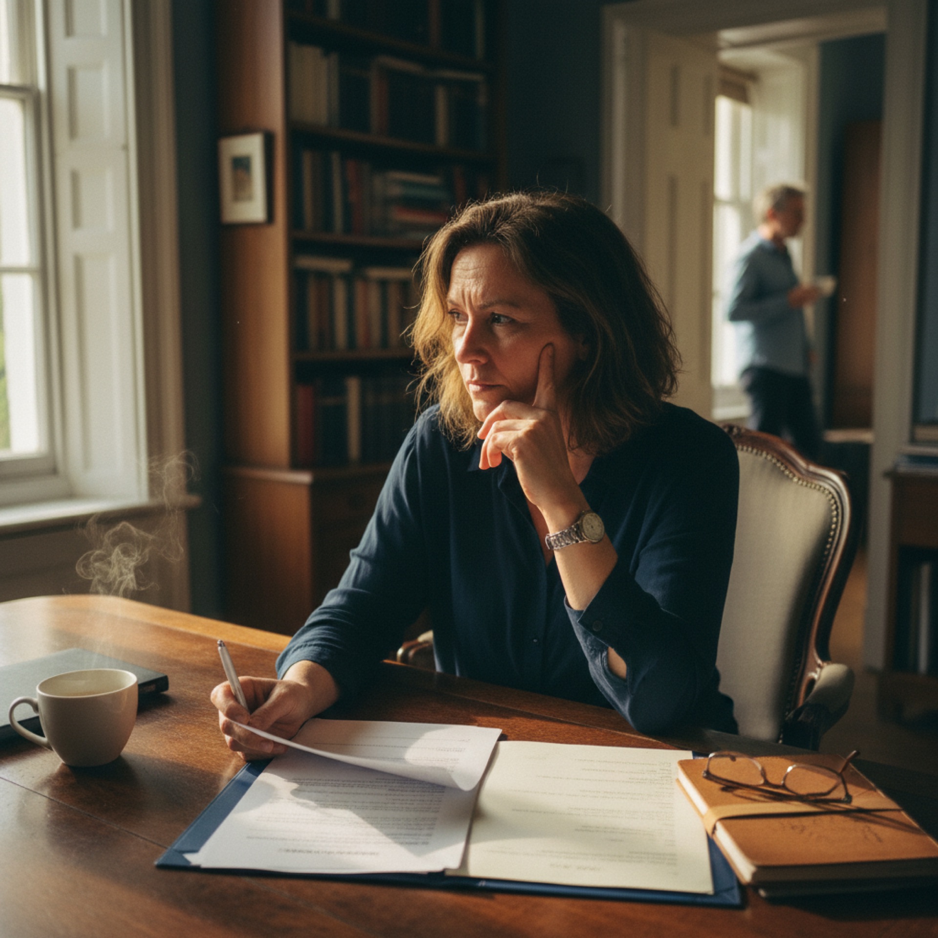 A person reviewing documents at a desk with a cup of coffee nearby and papers spread out