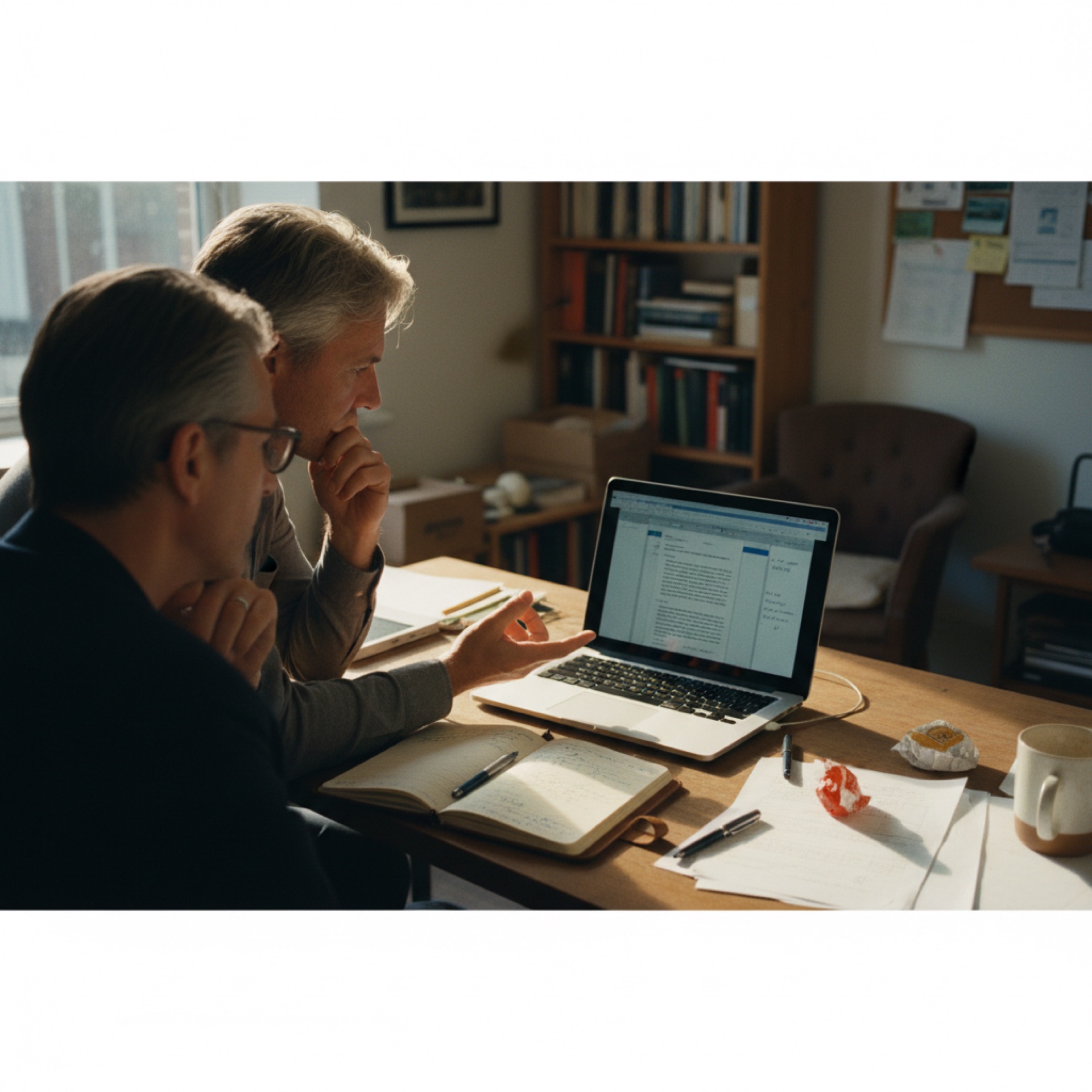 Two colleagues reviewing a laptop screen together at a desk in a small open-plan office