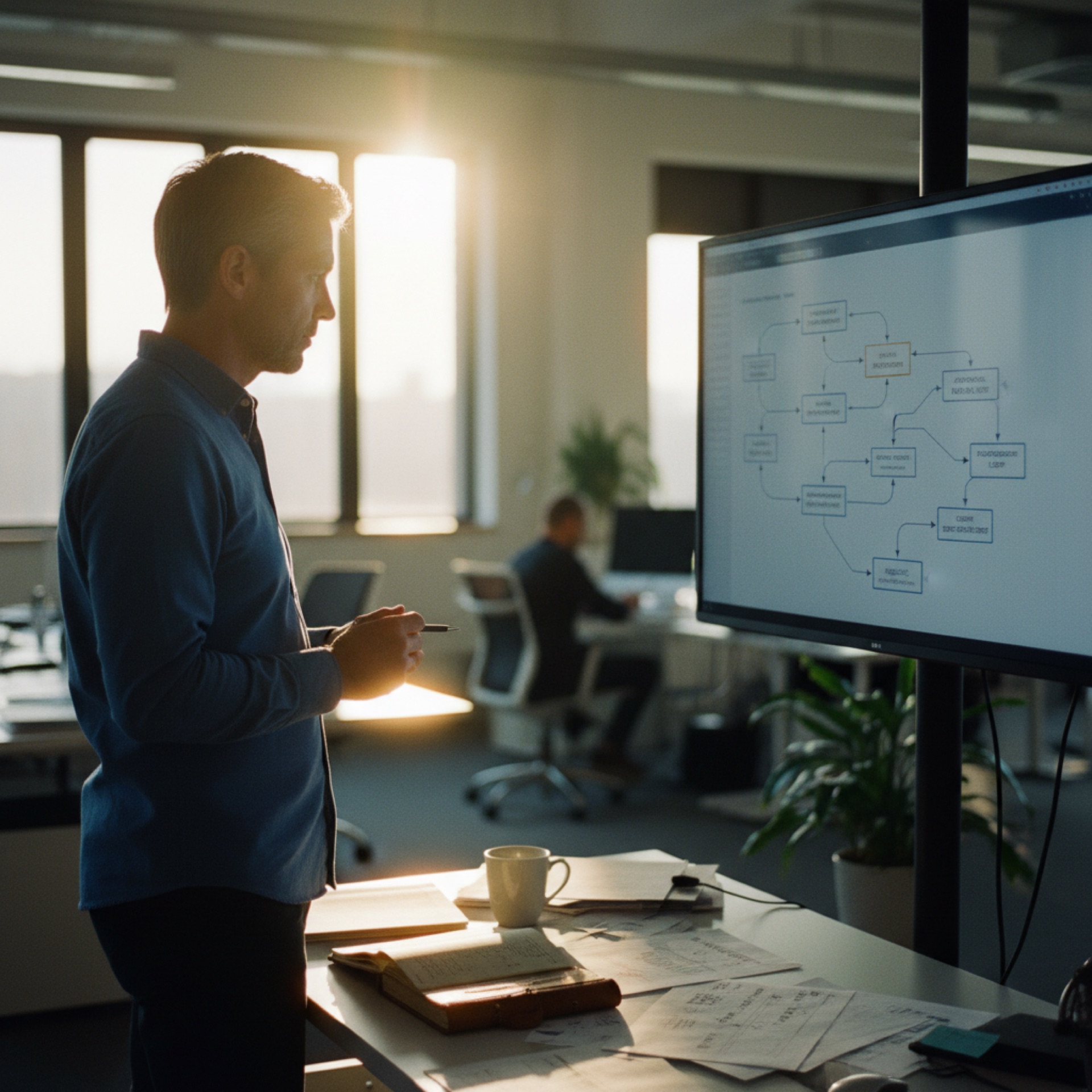 A person reviewing a workflow diagram on a large monitor in a modern office