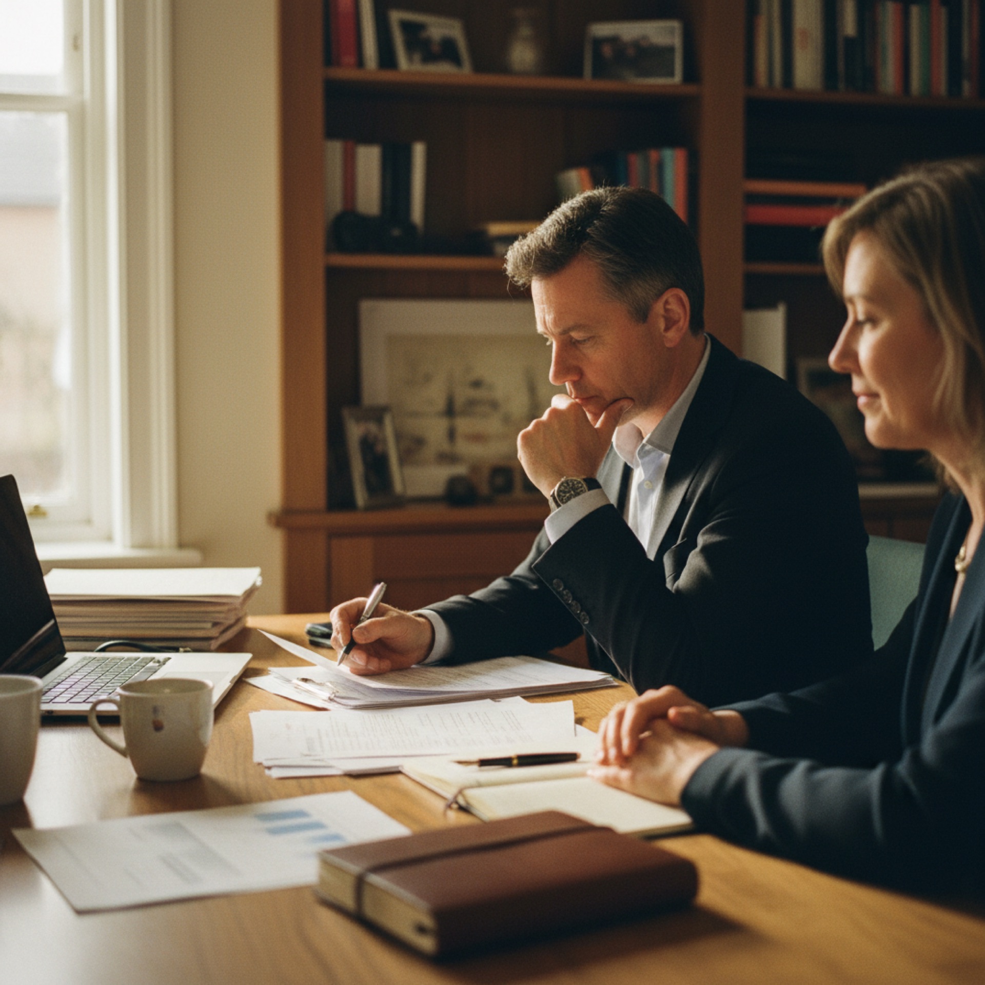 A person reviewing a printed document at a desk with another person seated across from them