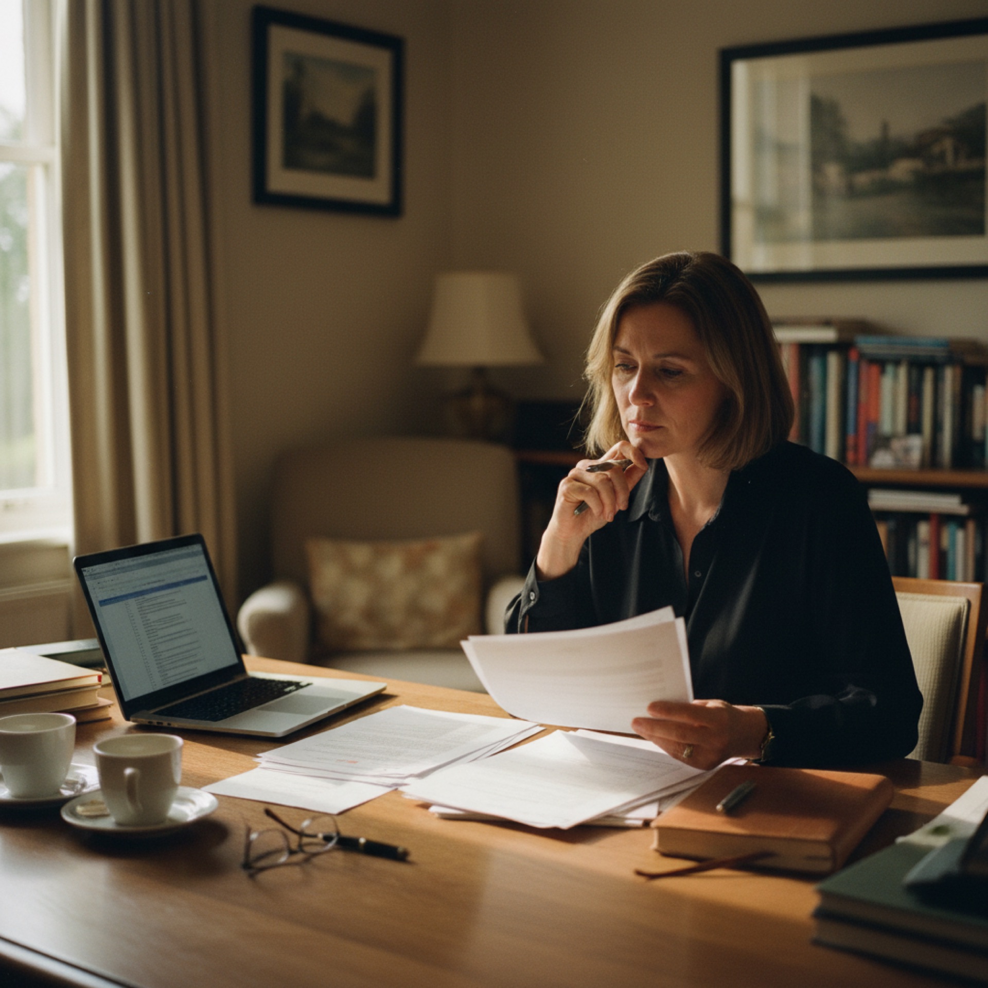 a person sitting at a desk reviewing printed documents with a laptop open beside them