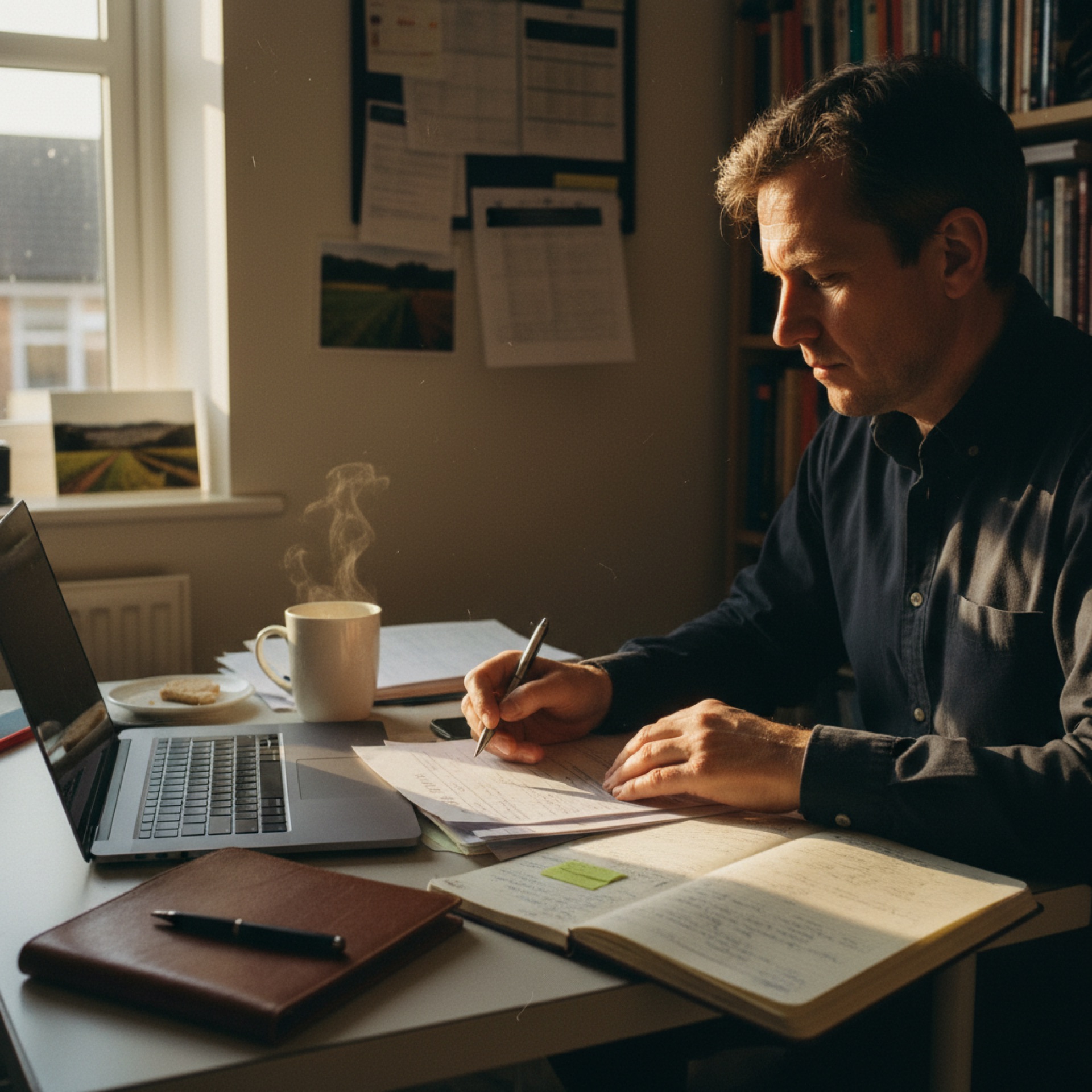 Person reviewing a document at a small office desk with a laptop and notebook