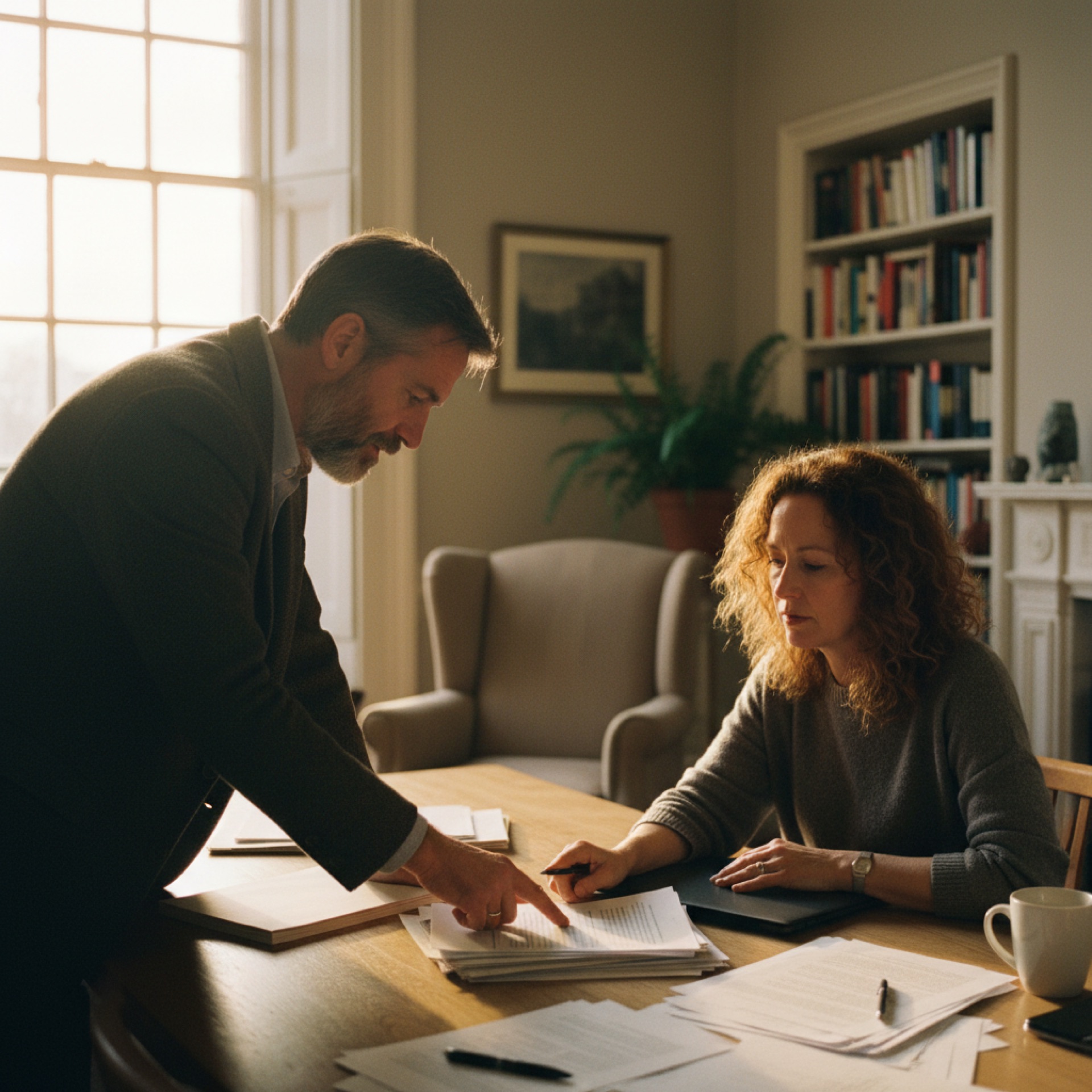 Two people reviewing documents at an office table, one pointing to a page