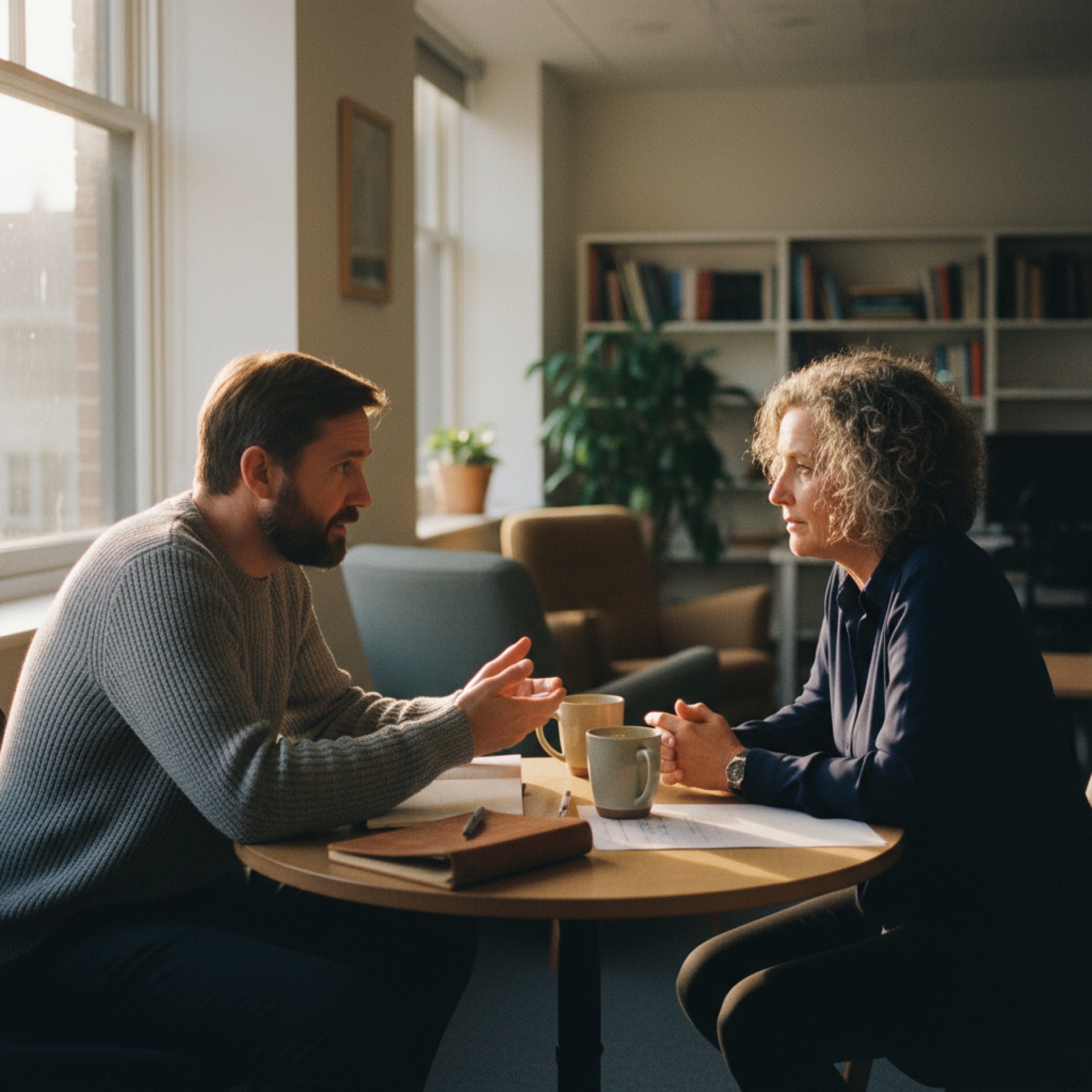 Two colleagues talking across a small table in a bright office meeting room