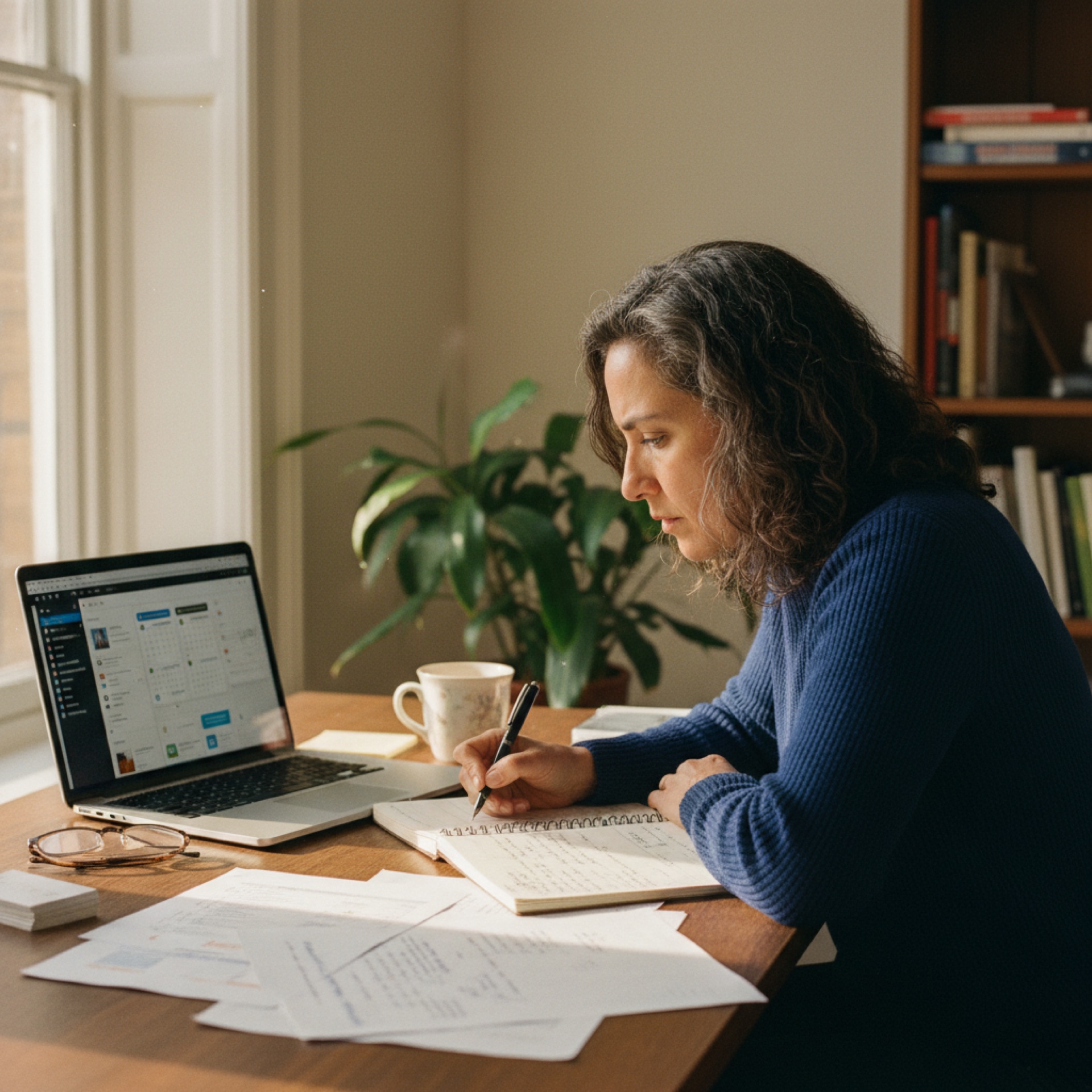 A business owner at a desk with notes and a laptop showing multiple connected application windows