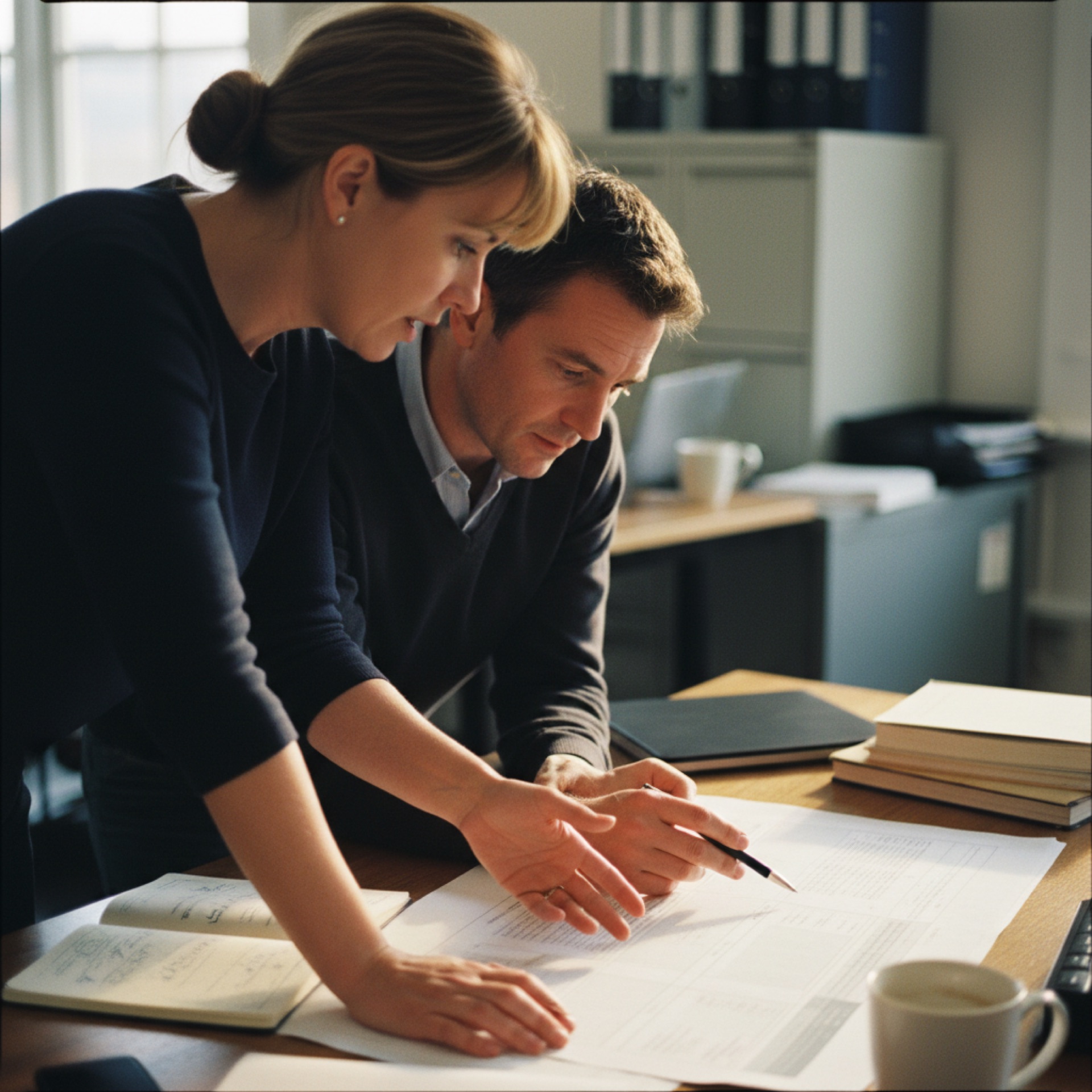 Two people at an office desk reviewing a printed document together
