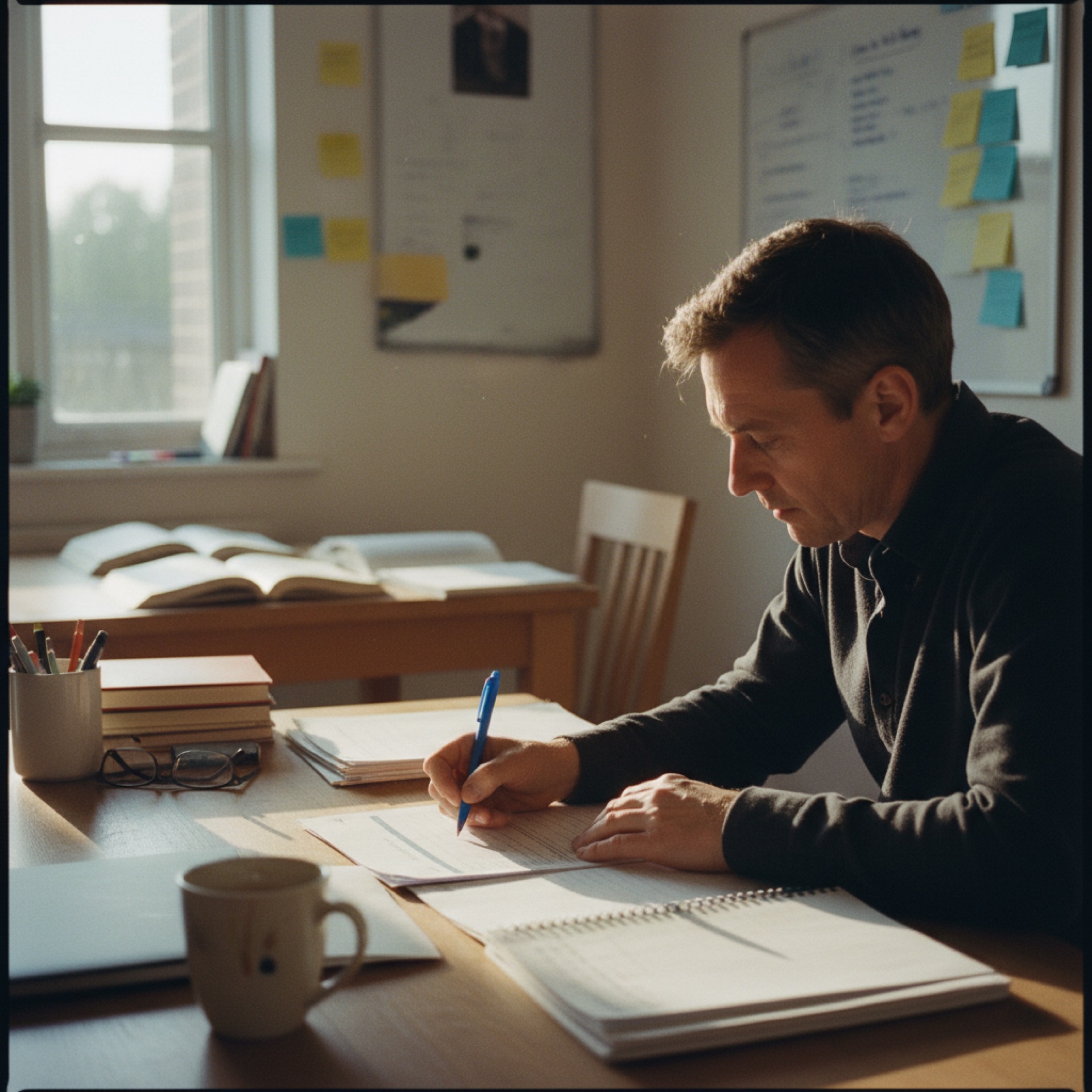 A person at a desk reviewing a document with a pen in hand, natural window light, home office