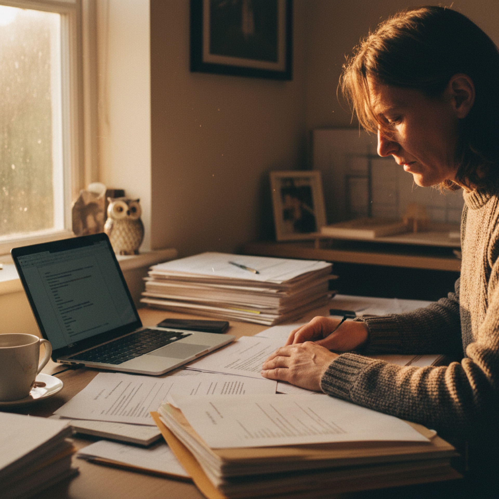 person at a desk reviewing documents with a laptop open beside them