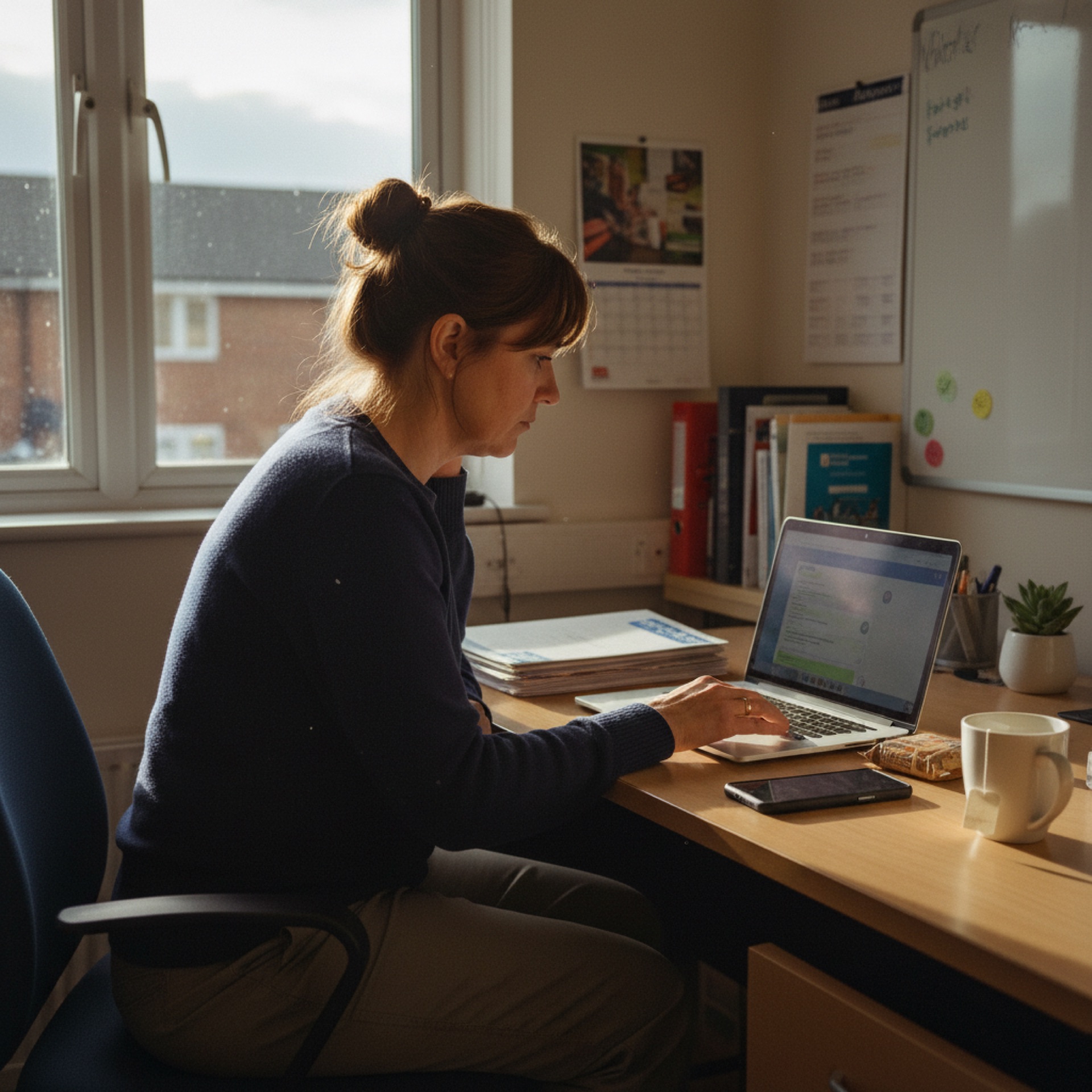 Person reviewing a conversation thread on a laptop screen at a desk in a small office