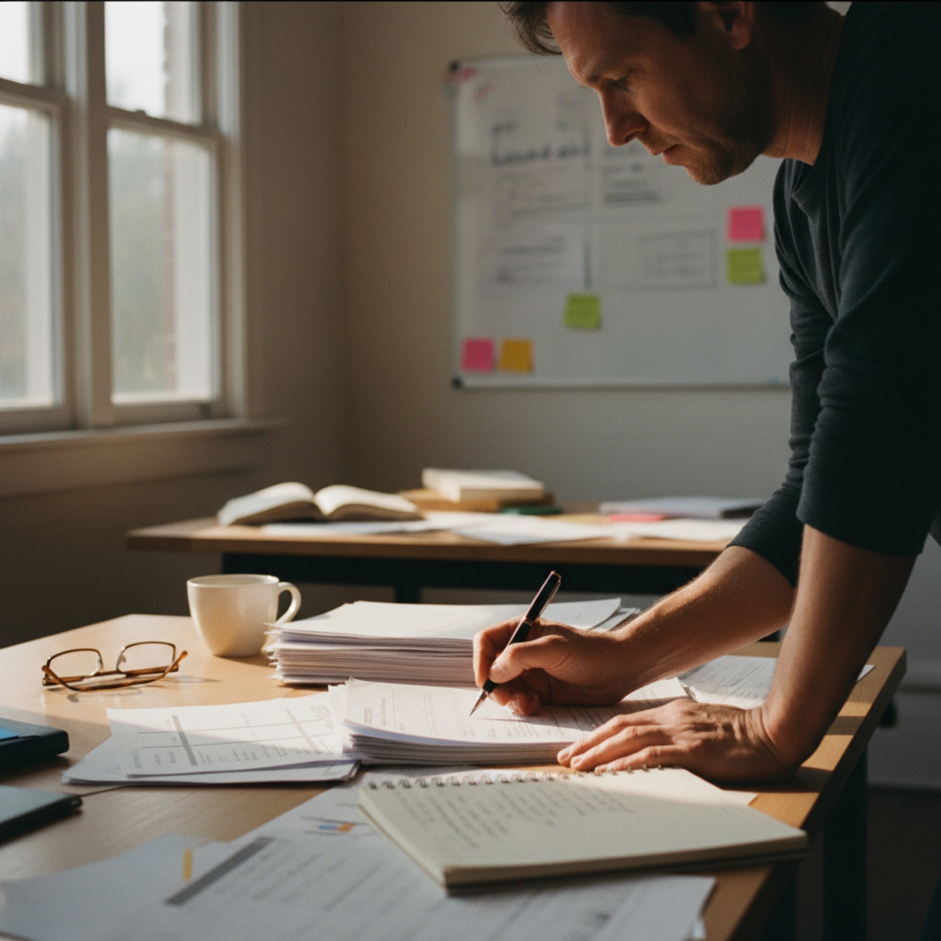 Person reading and annotating printed pages at a tidy office desk