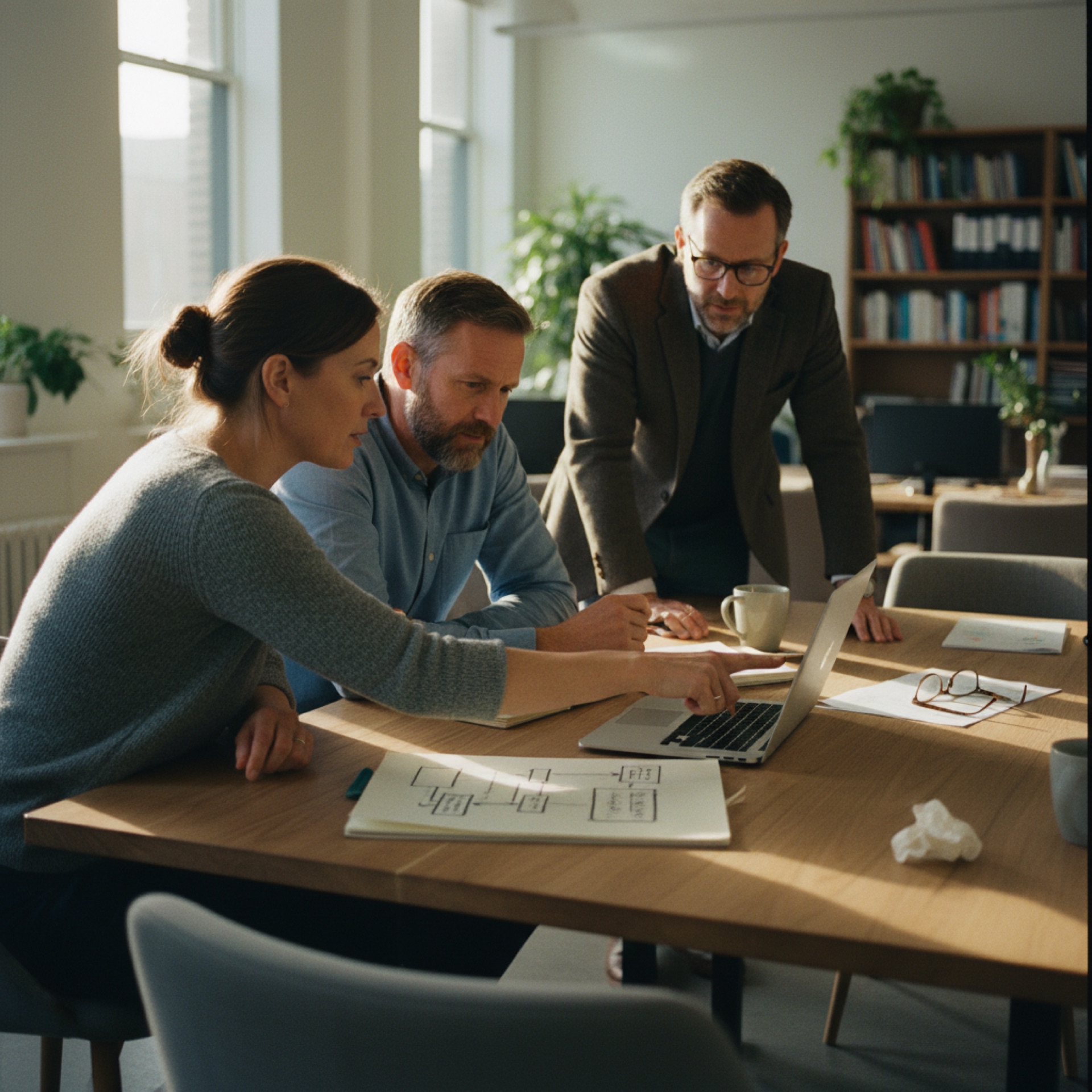 Three colleagues looking at a laptop screen together in a bright open-plan office