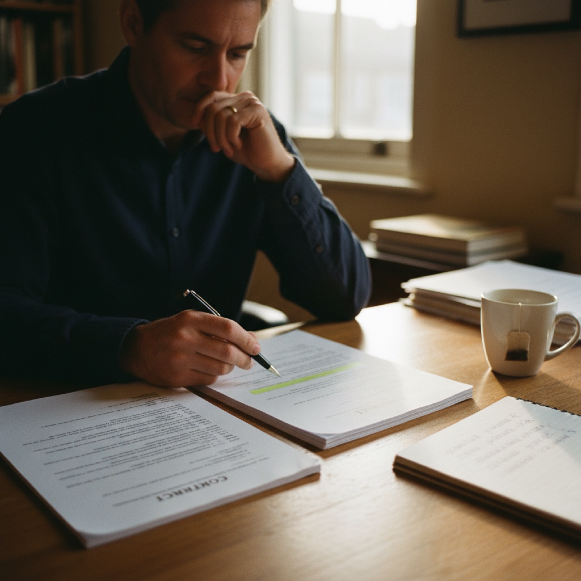 Person at a desk reviewing two contract documents side by side with a pen in hand