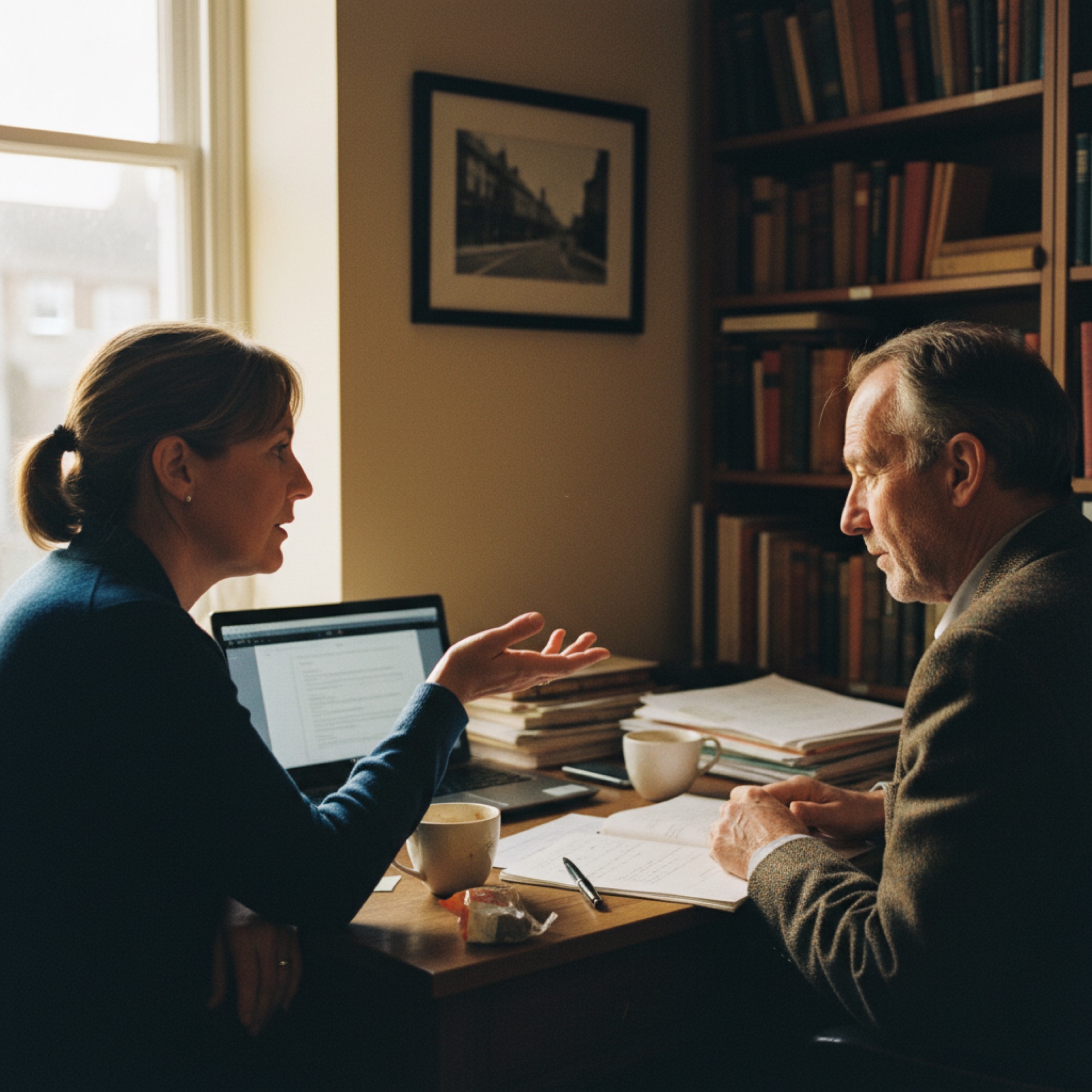 Two people in focused conversation across a desk with papers and a laptop between them