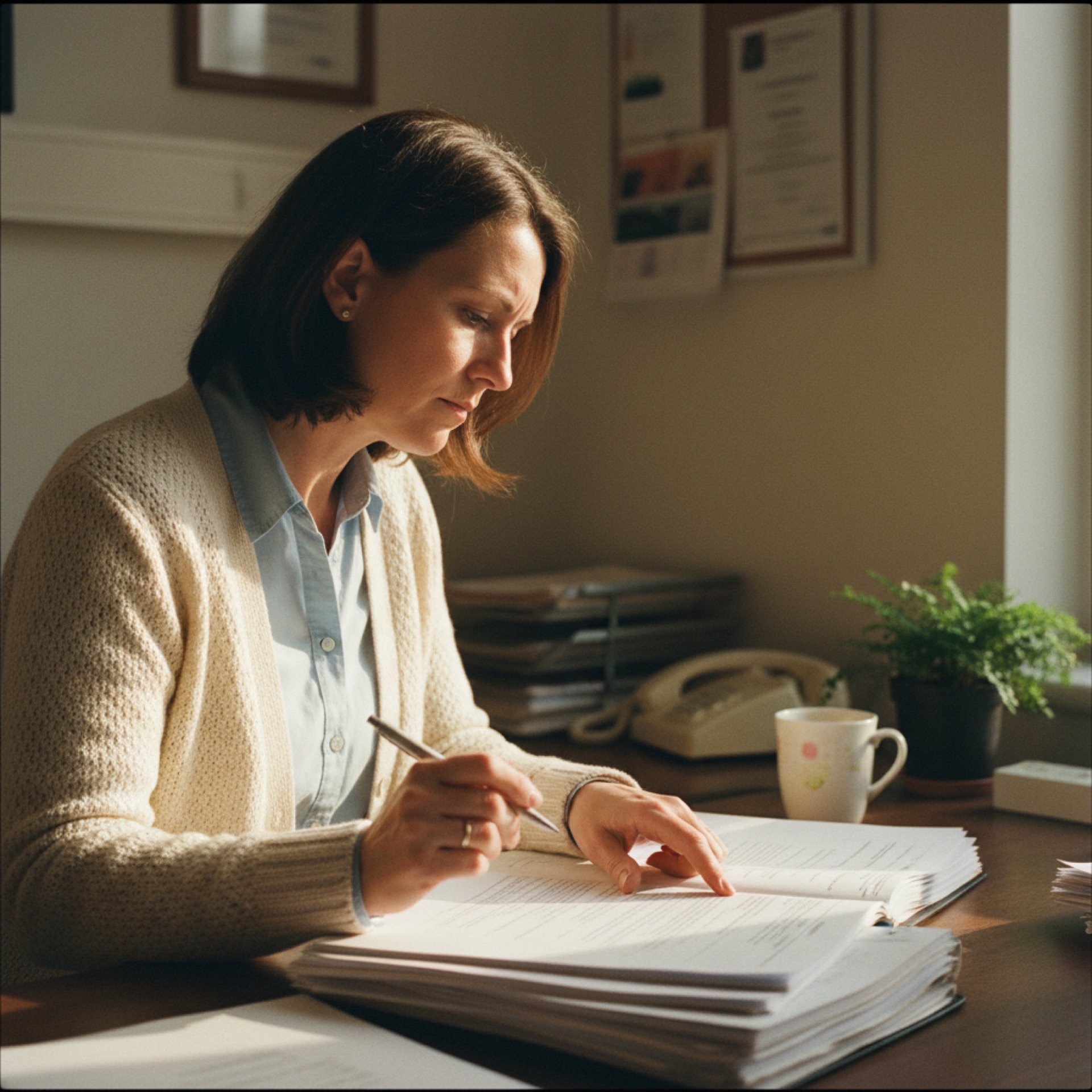 Person reviewing a printed document at a desk, pen in hand, looking closely at the page