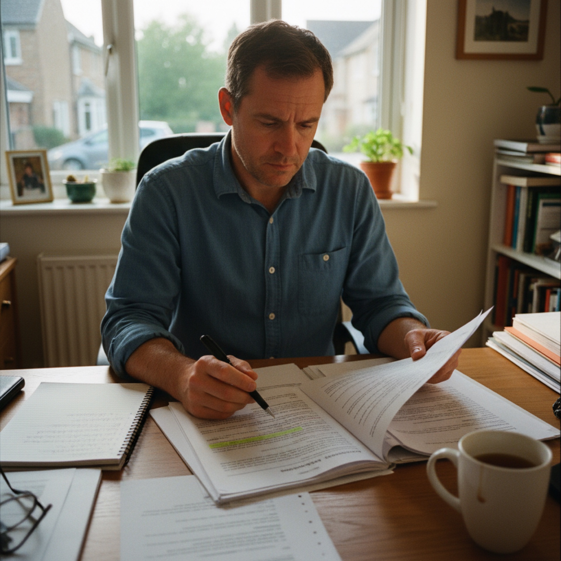 A founder sitting at a desk reviewing documents on a laptop in a naturally lit office