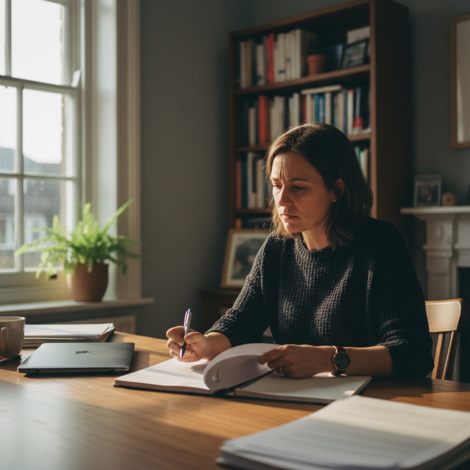 Person at a desk reviewing a document with a pen in hand, pausing to consider the content before proceeding