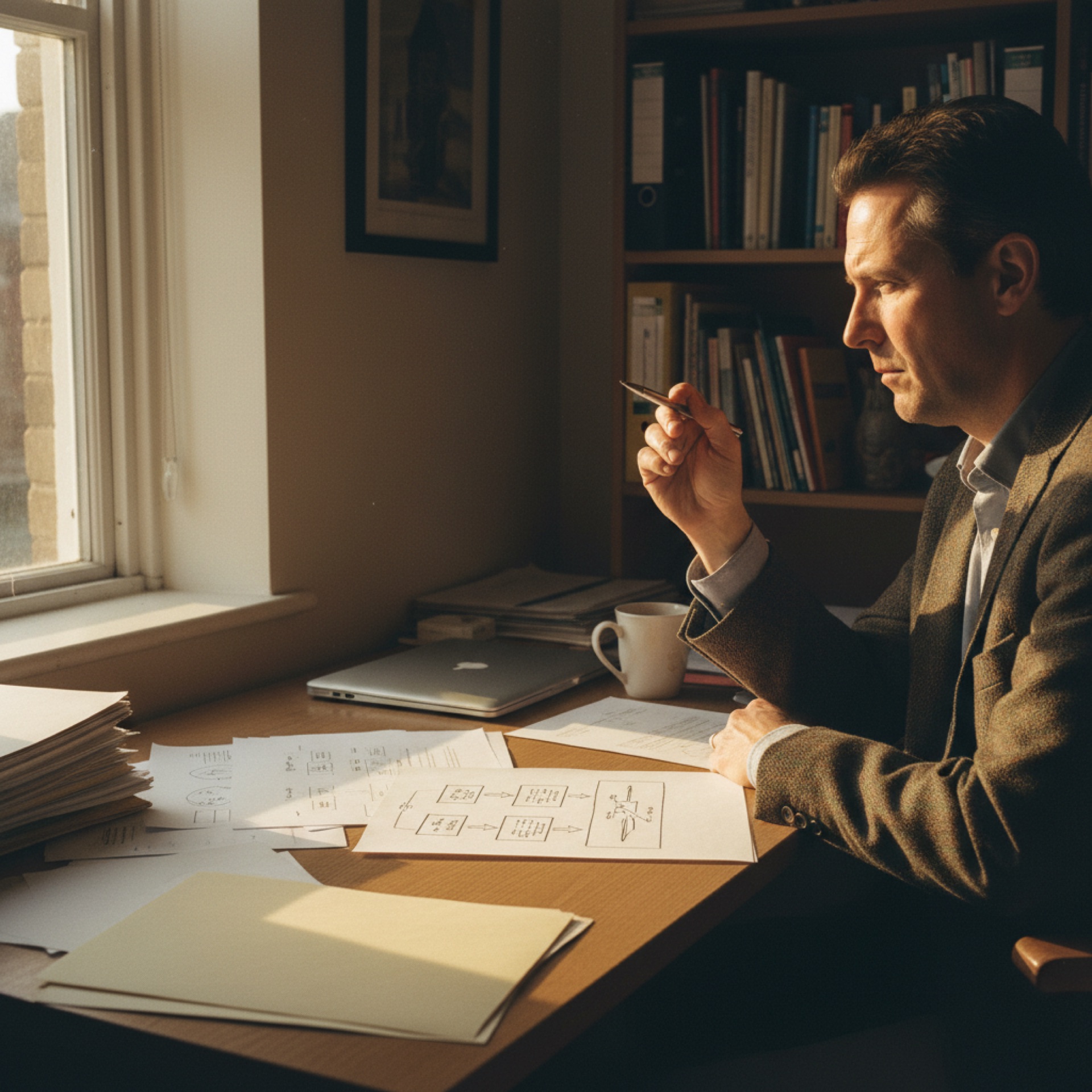 A person reviewing documents at a desk in a small professional office with natural light