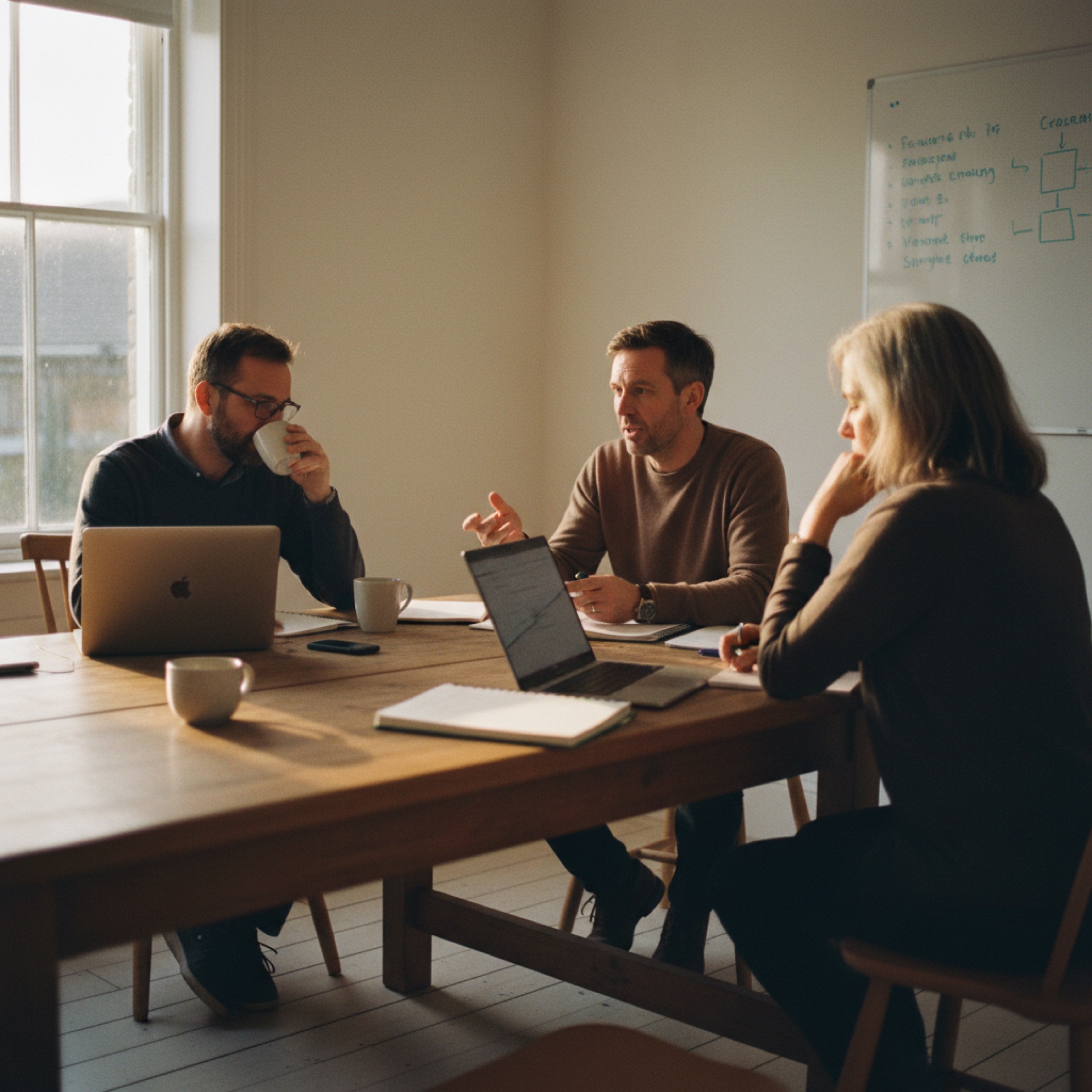 Three people in a working meeting around a table, one reviewing notes on a whiteboard while others listen