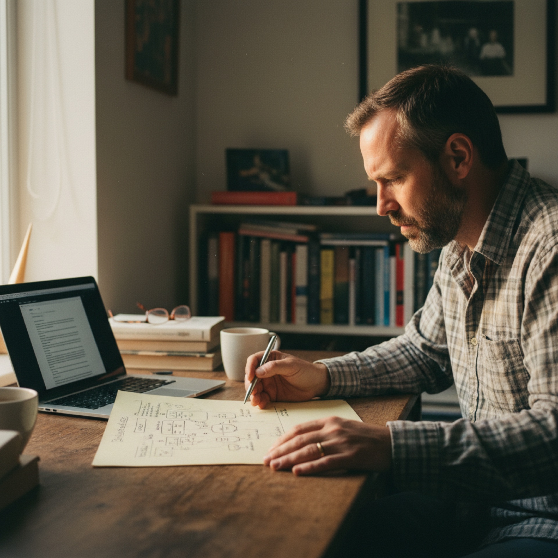 A business owner reviewing a printed document at a desk with a laptop open beside them