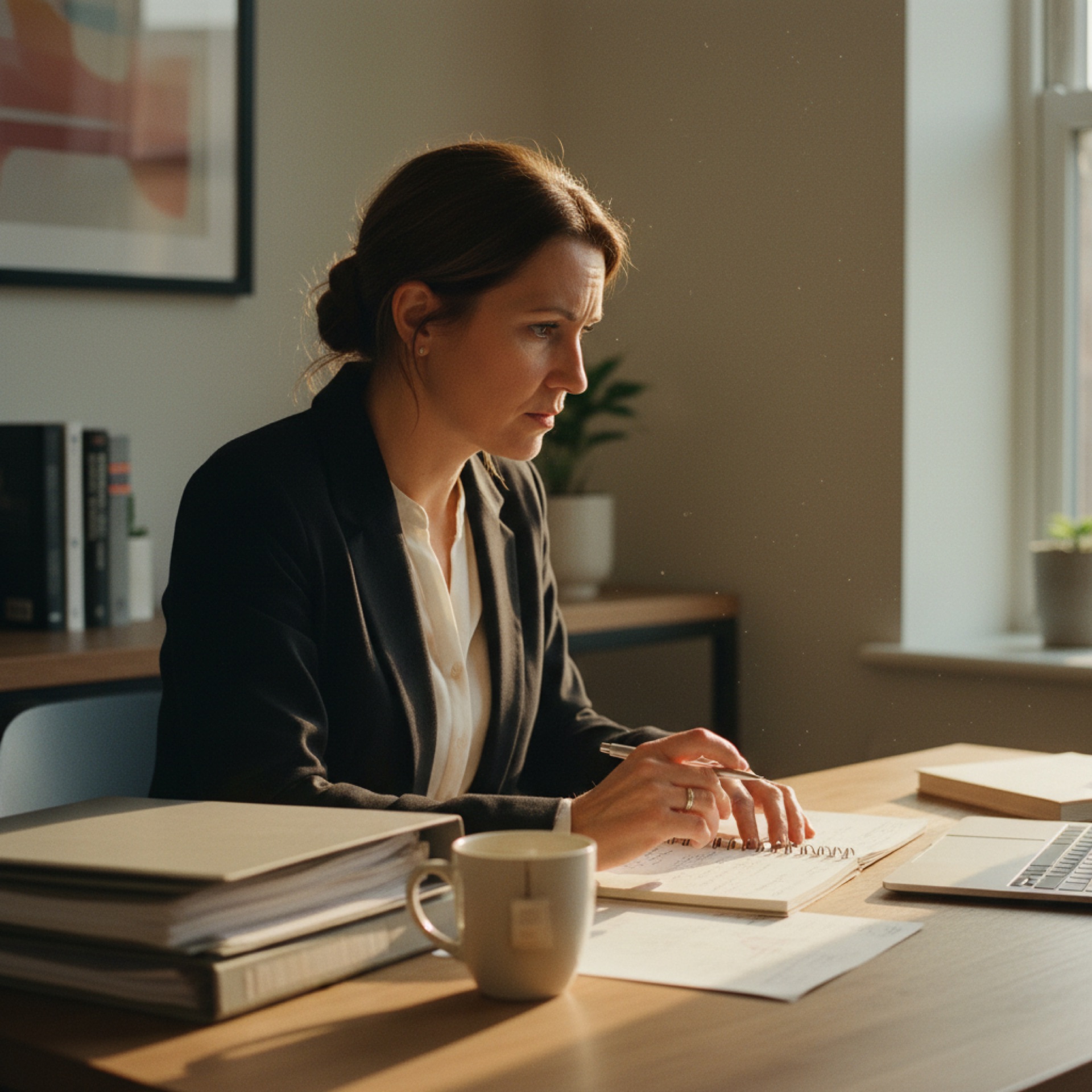 Business owner reviewing a document on a laptop screen at a well-lit office desk