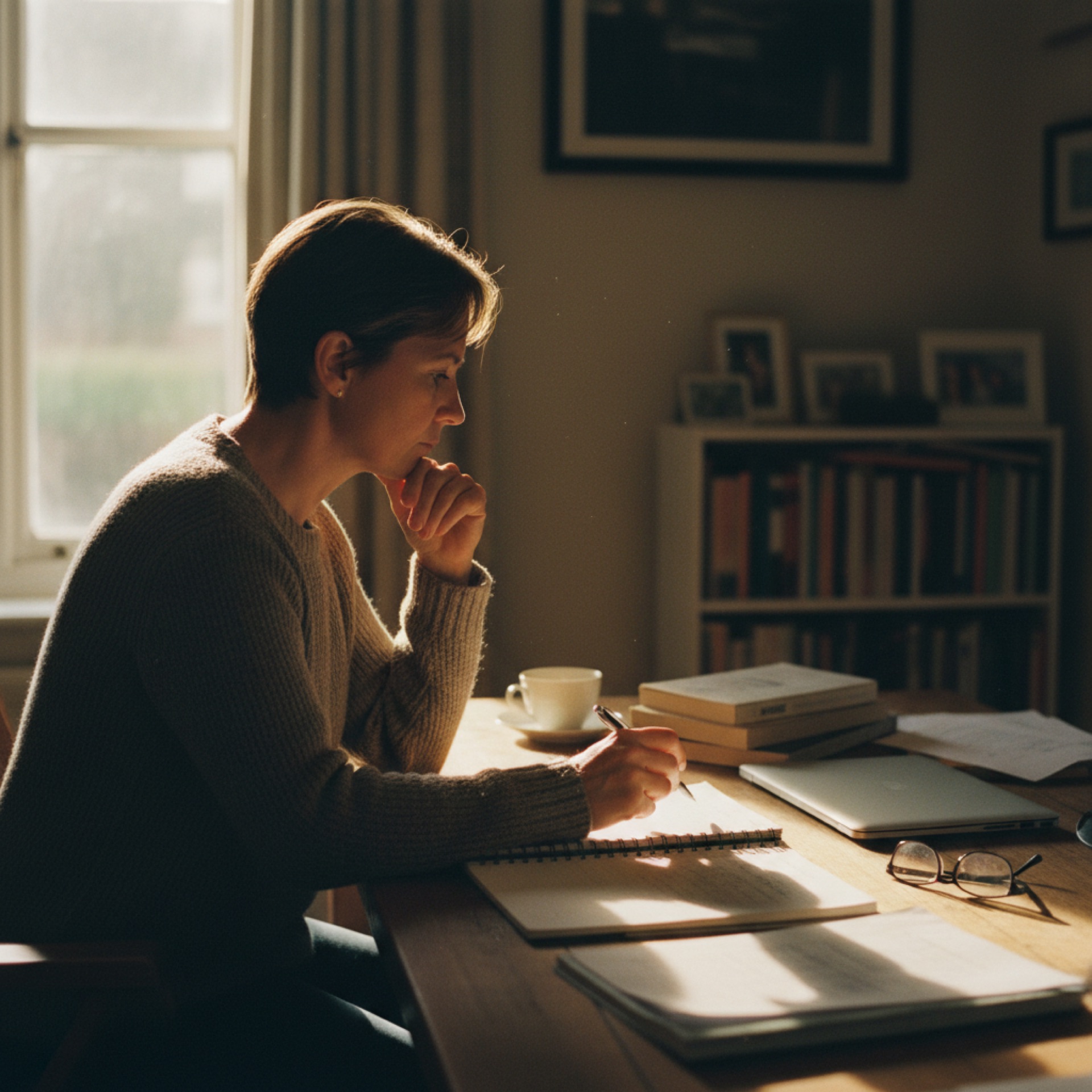 Business owner reviewing documents at a desk with a laptop open beside them