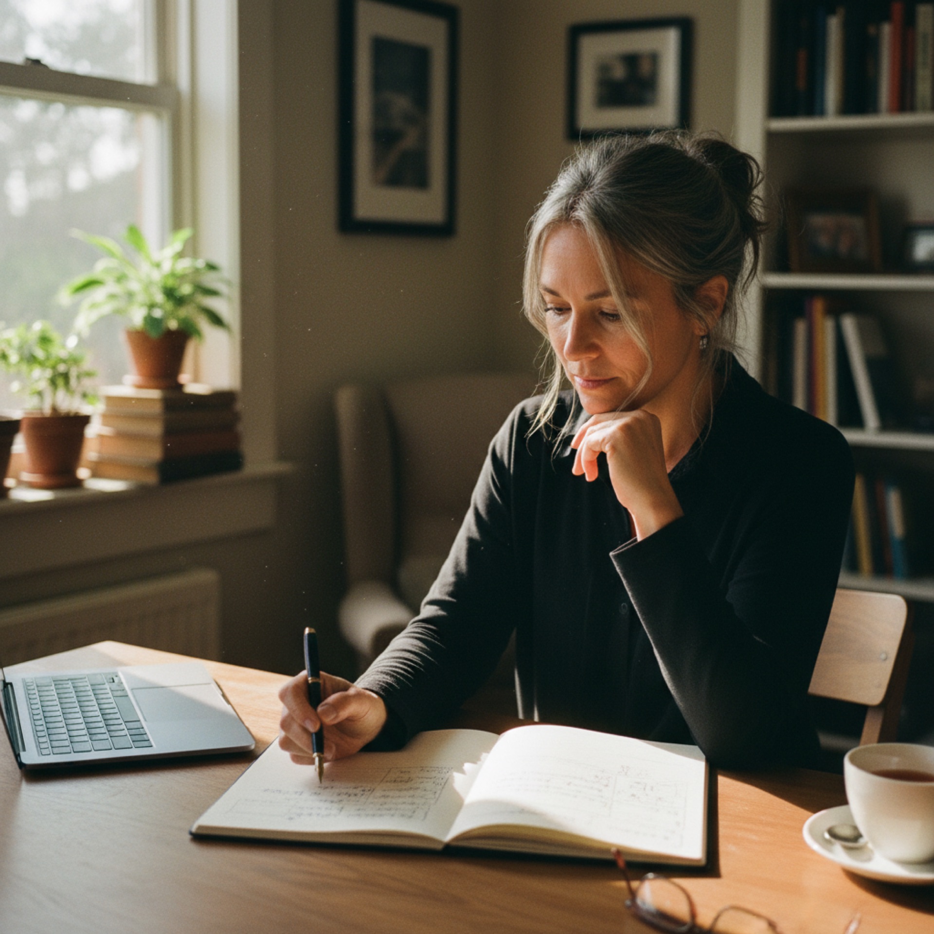 Business owner reviewing work on a laptop at a wooden desk with natural light from a nearby window
