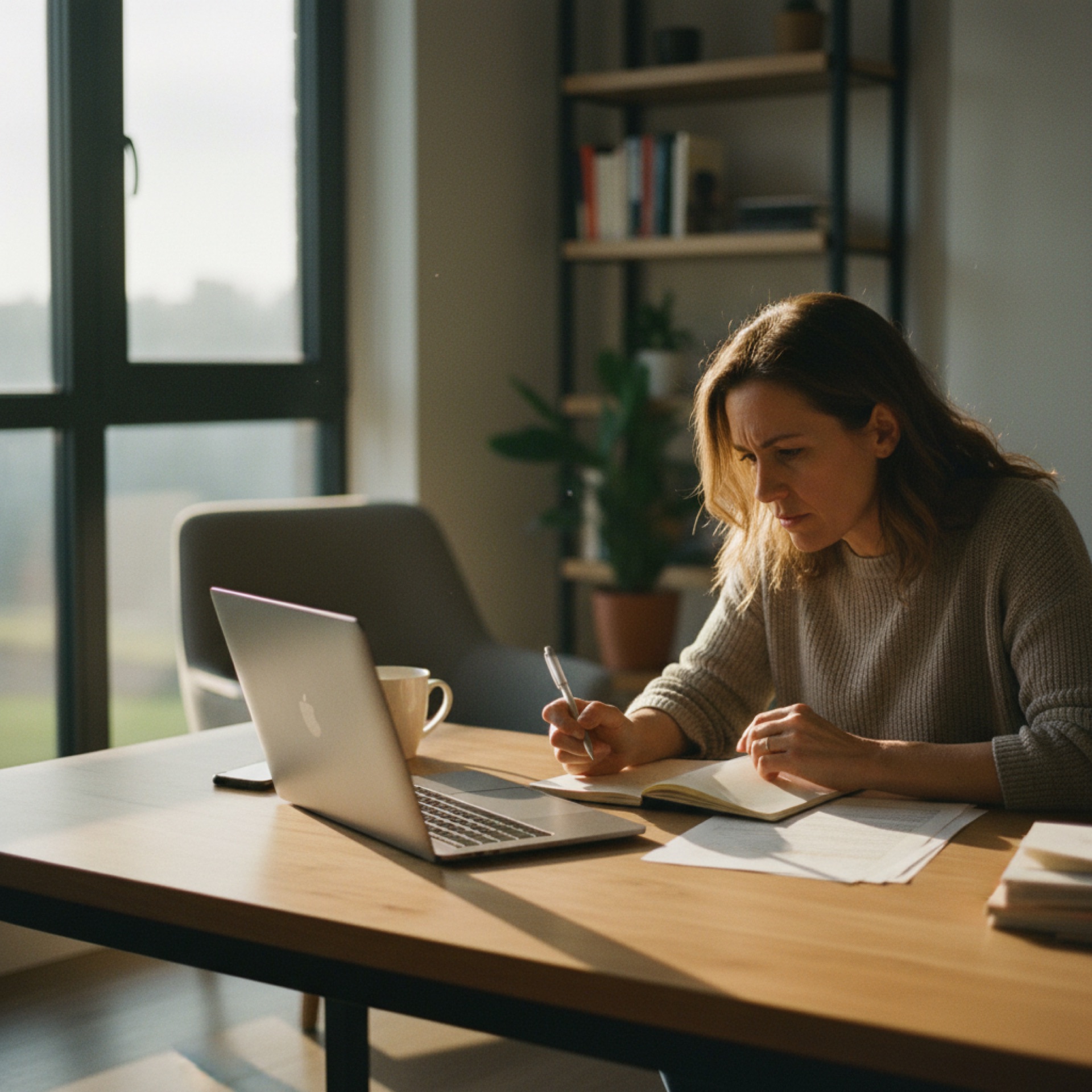 Founder reviewing content on a laptop screen at a well-lit home office desk with a notebook