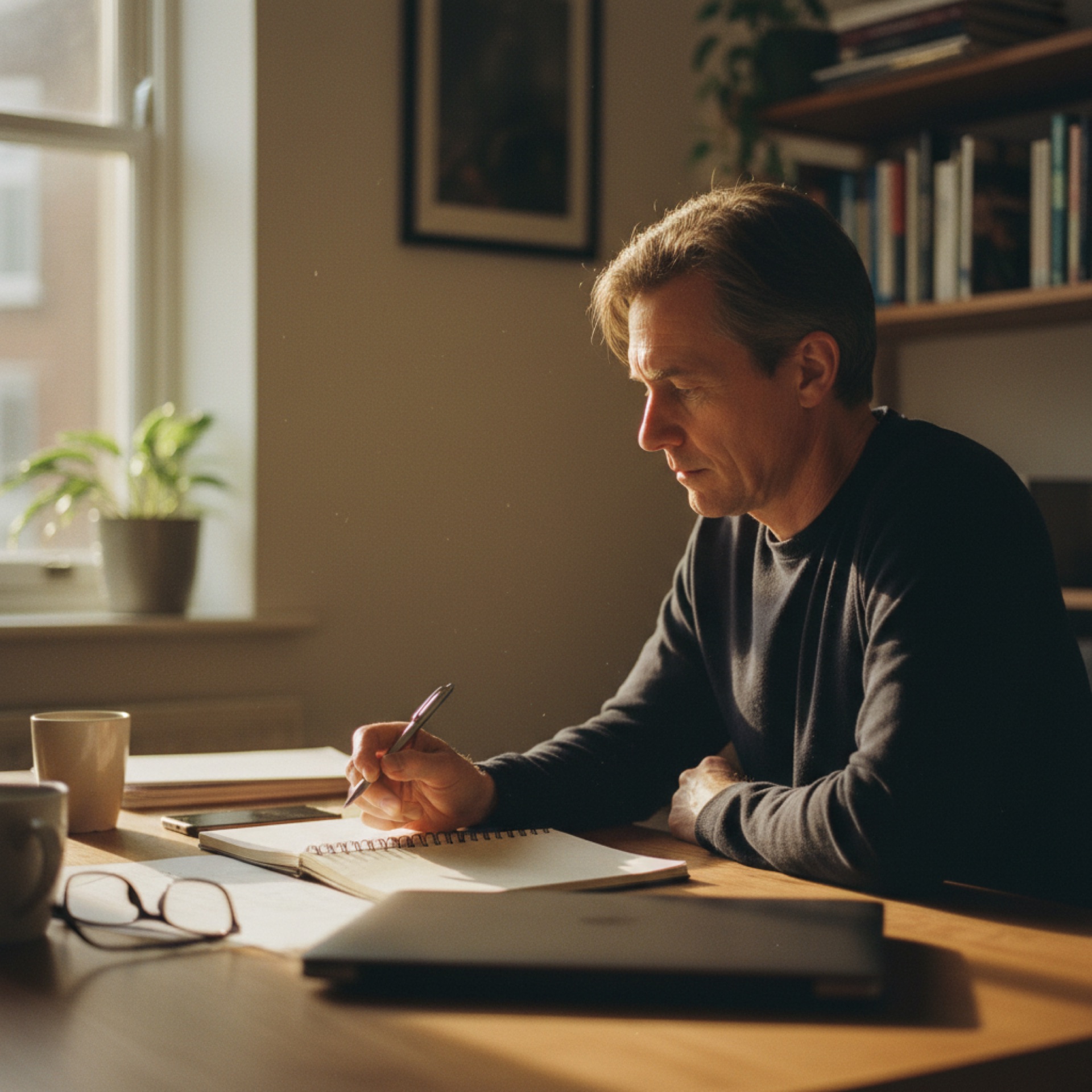 Person reviewing documents at a desk with a laptop and notebook, natural window light