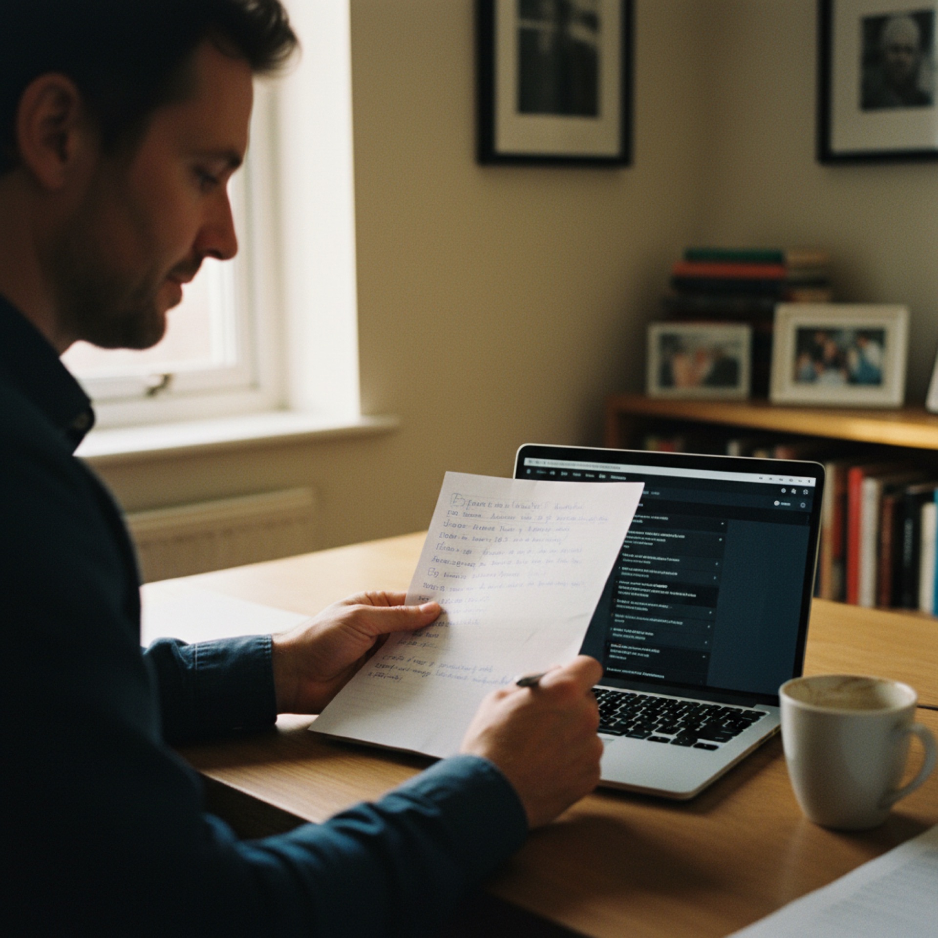 A person at a desk reading a printed summary with annotations, laptop open beside it showing a chat window, coffee mug nearby