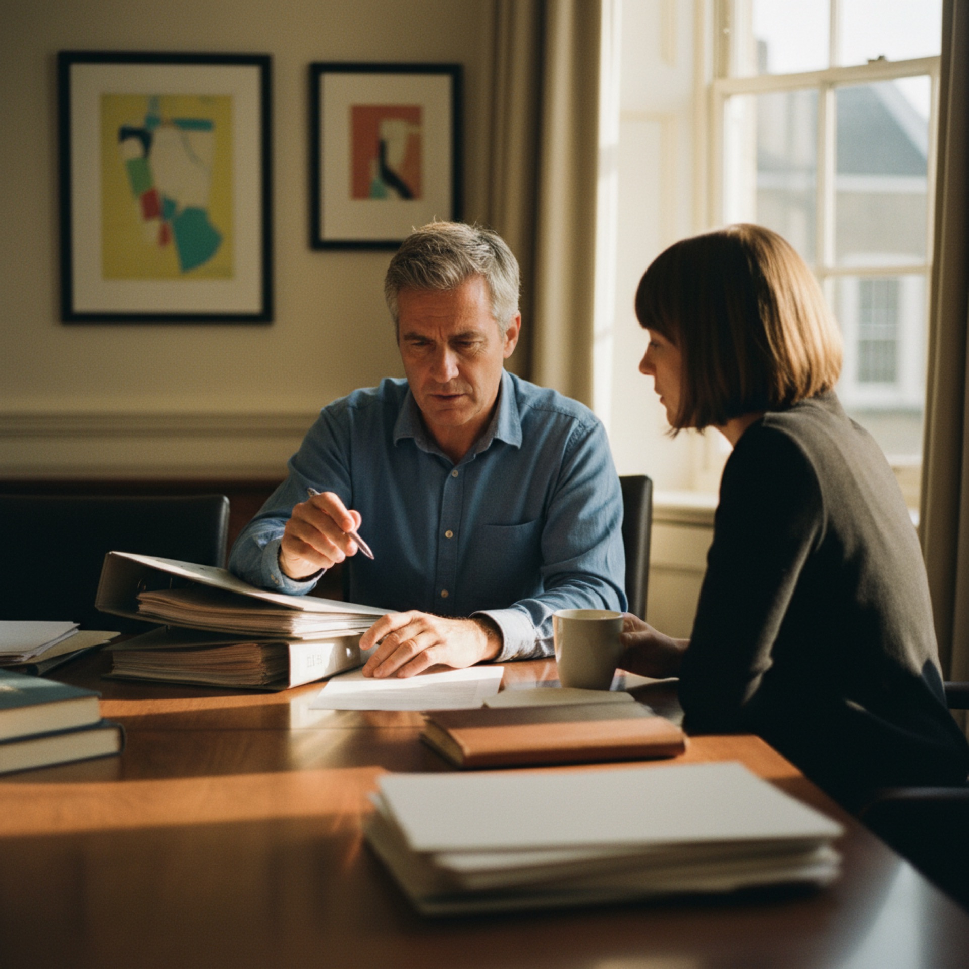 Two colleagues reviewing a document together at an office meeting table