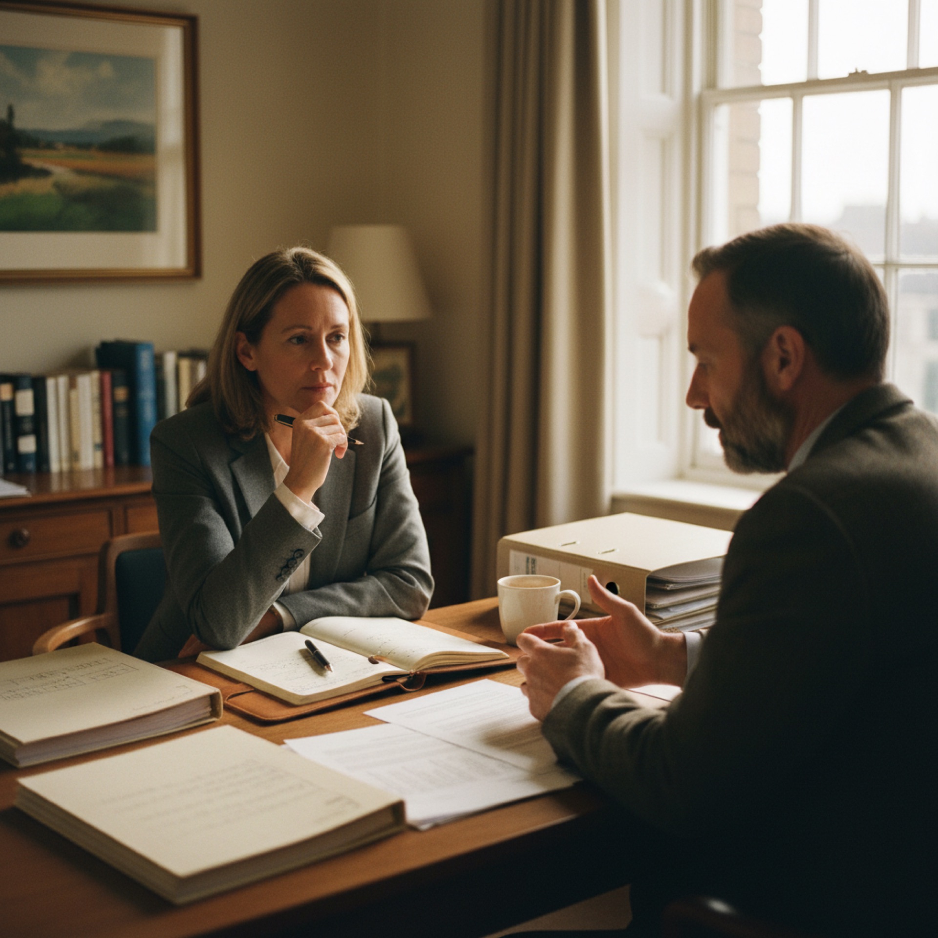 Two people reviewing paperwork across a desk in a well-lit office