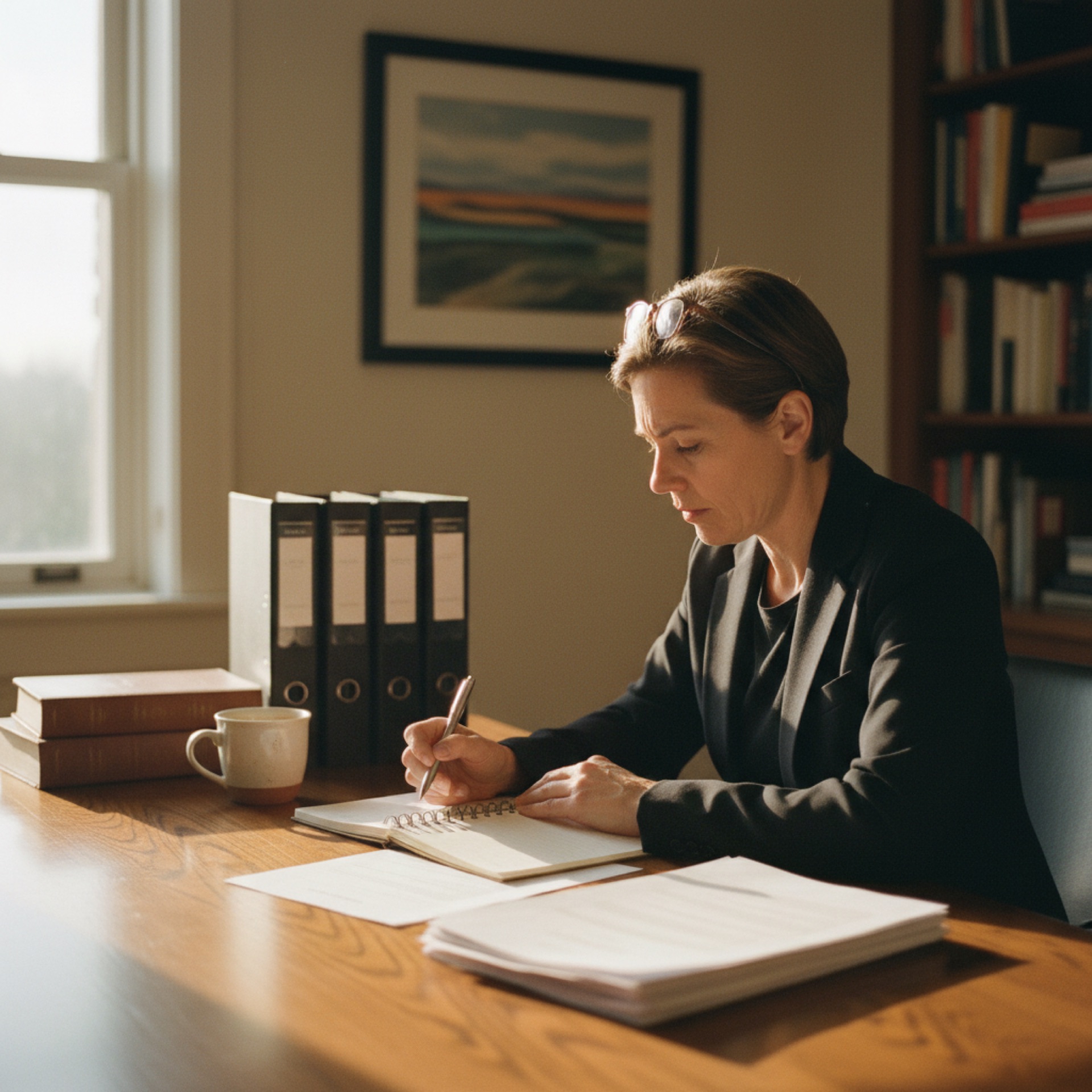 A person seated at a desk reviewing printed documents with a laptop open beside them